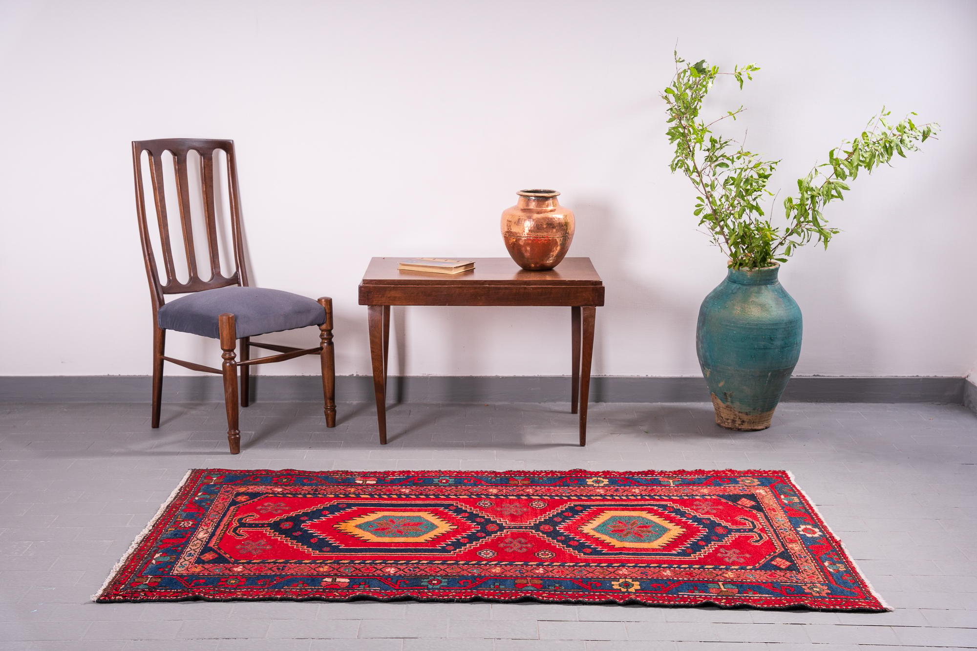 Vintage Farahan Red and Blue Persian Rug