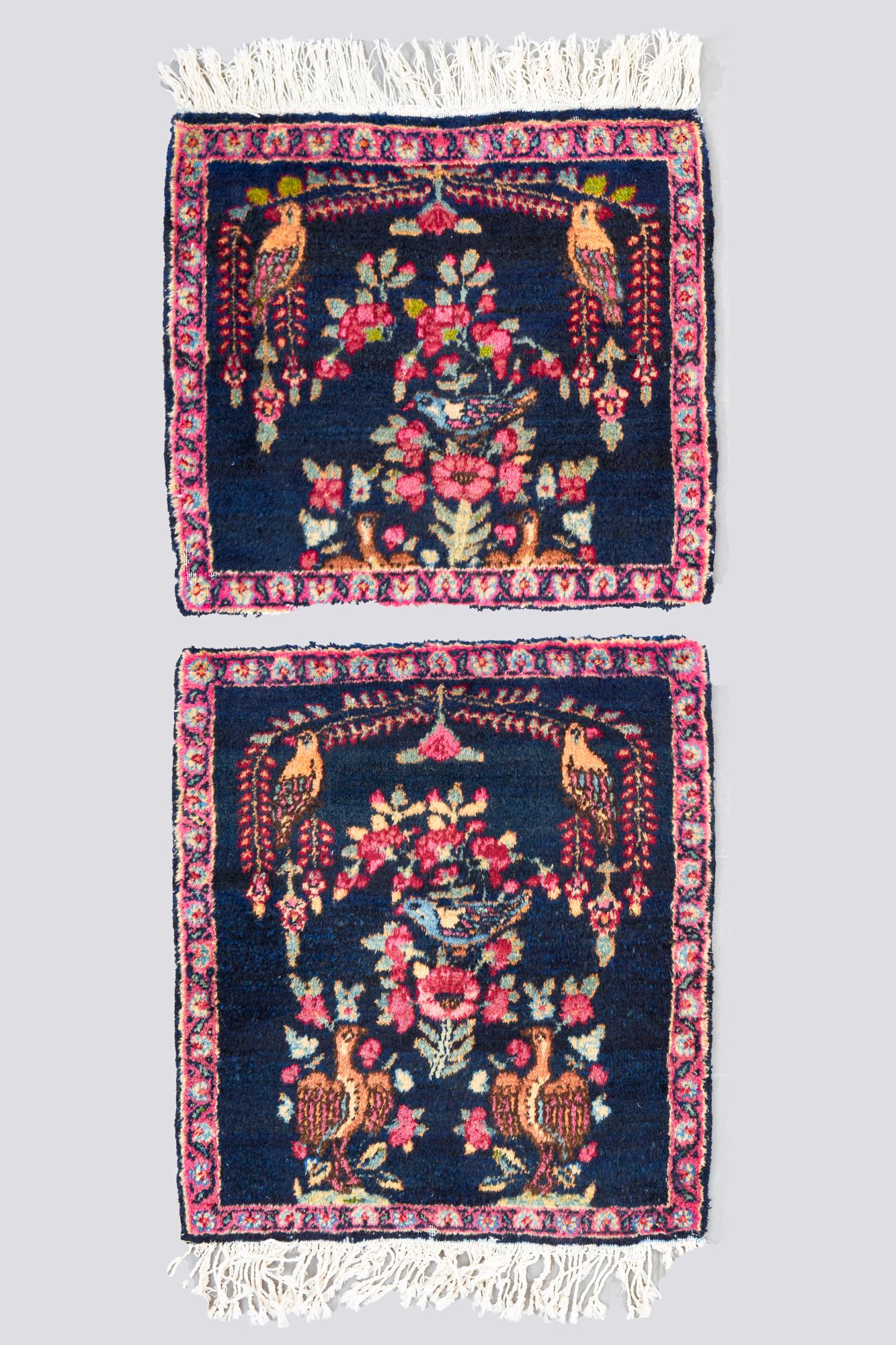 Pair of Antique Kerman Bird Decorative Carpets 0.3 SQM