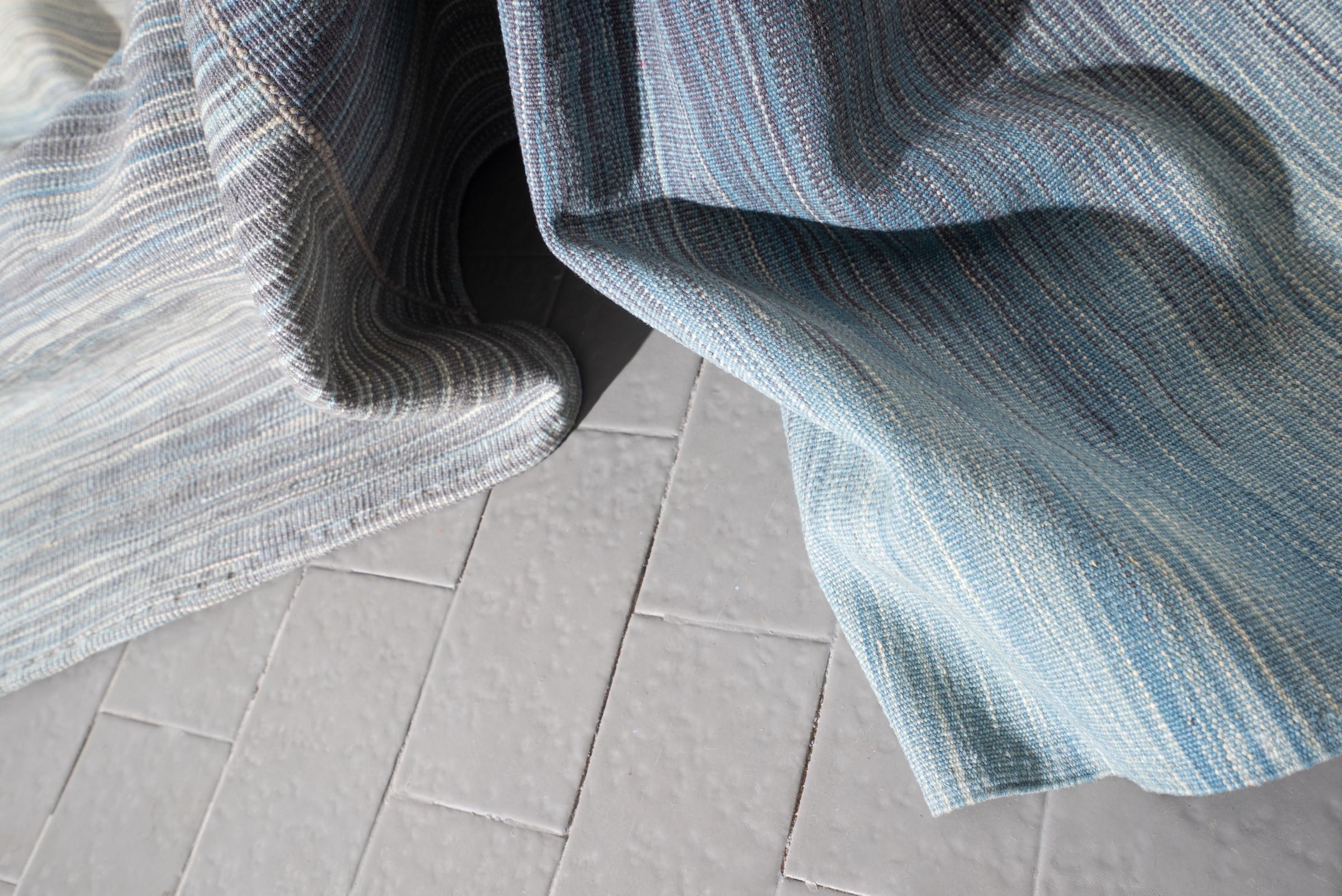 New Weave Fine Mazandaran Minimalist Blue and Grey Persian Kilim Rug