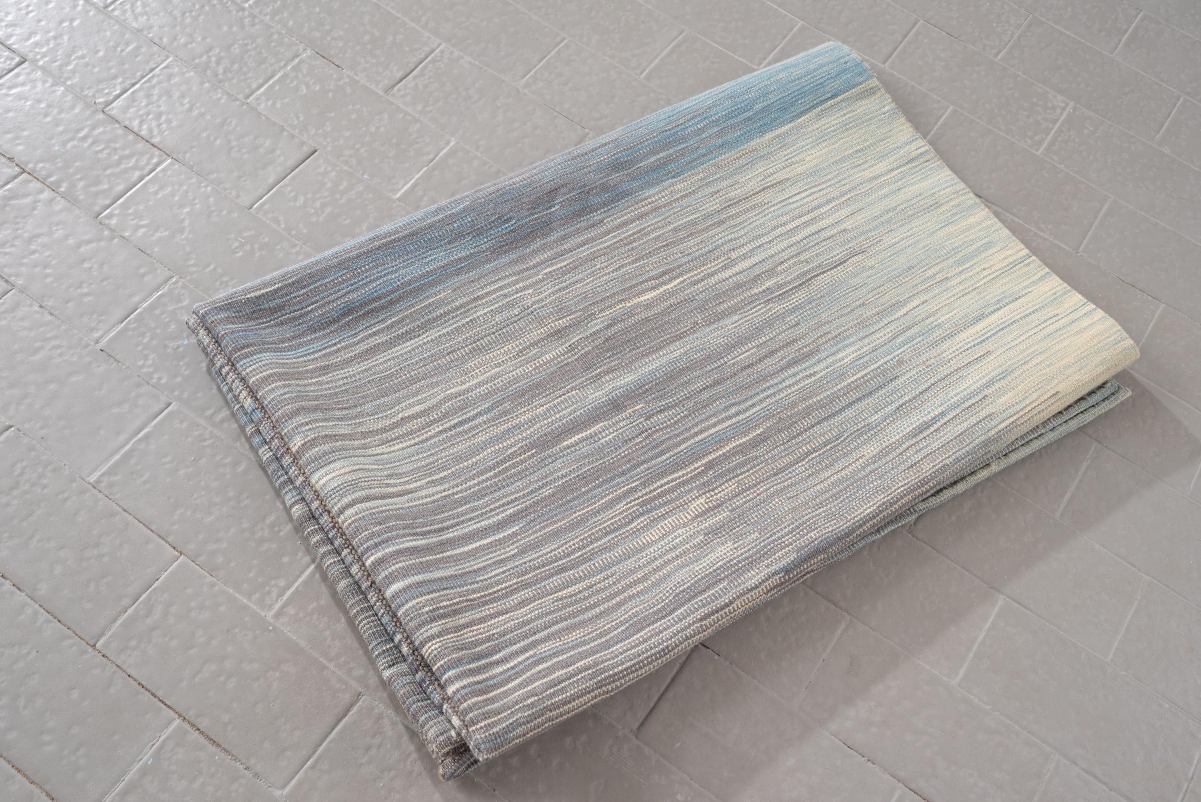 New Weave Fine Mazandaran Minimalist Blue and Grey Persian Kilim Rug