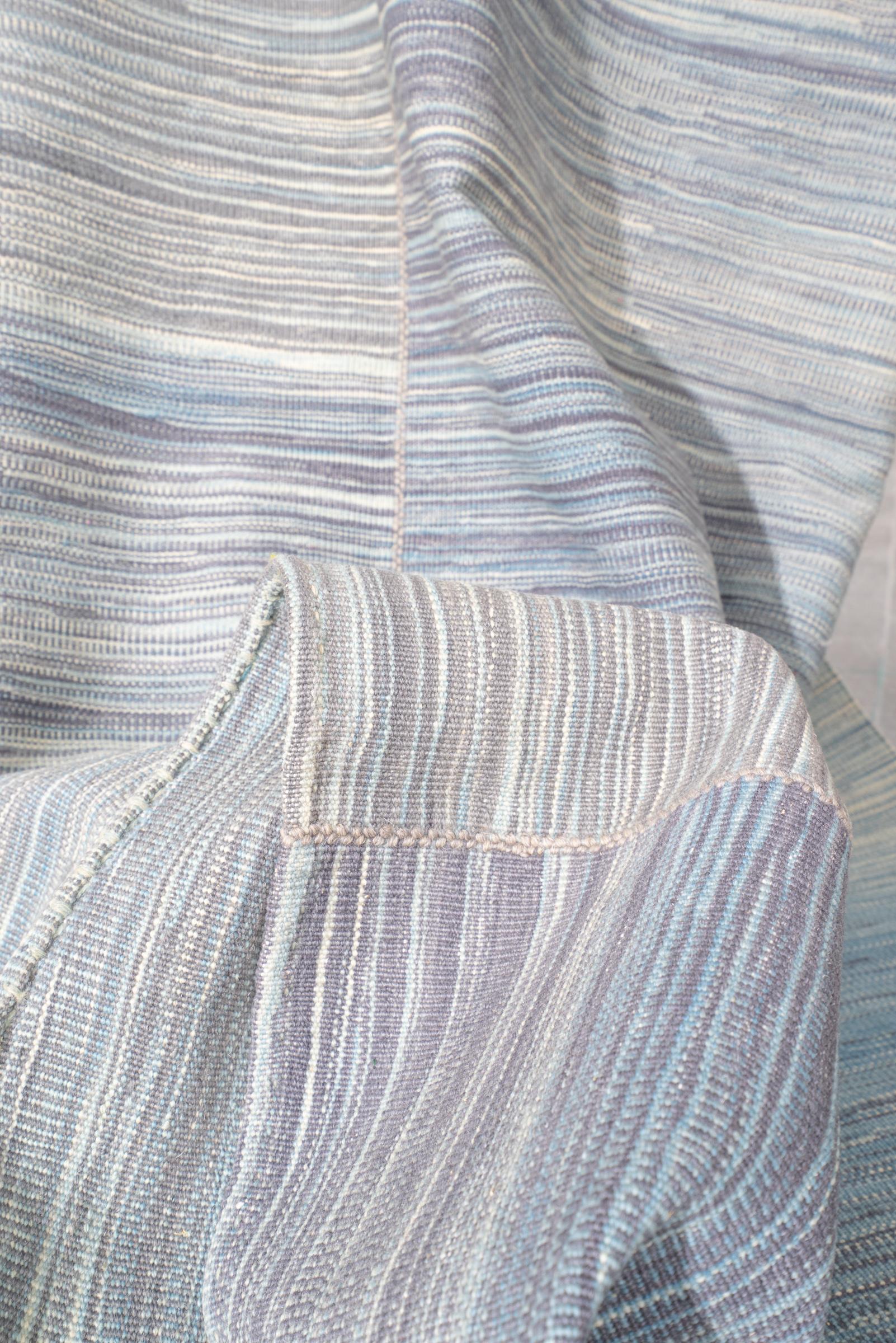 New Weave Fine Mazandaran Minimalist Blue and Grey Persian Kilim Rug