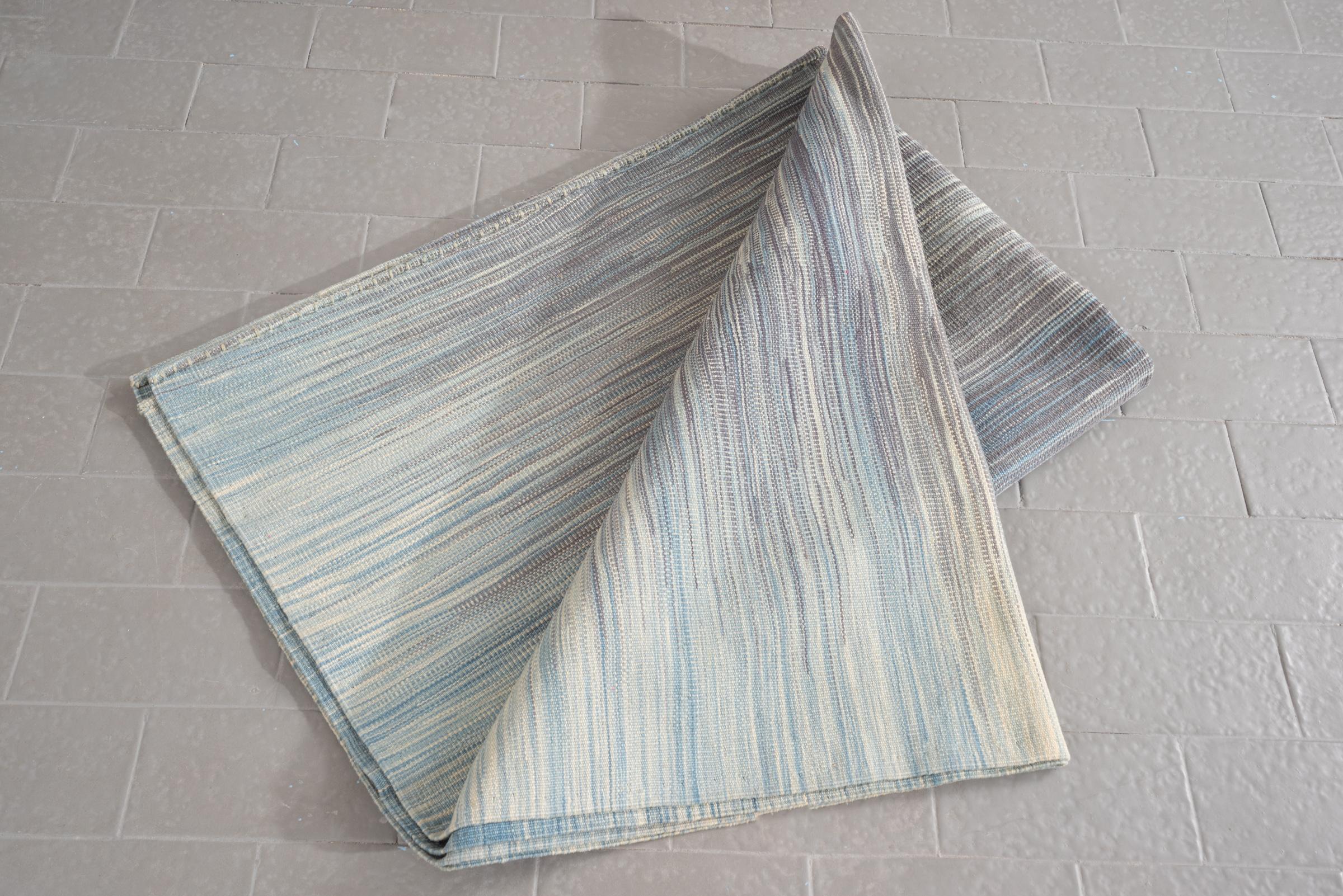 New Weave Fine Mazandaran Minimalist Blue and Grey Persian Kilim Rug