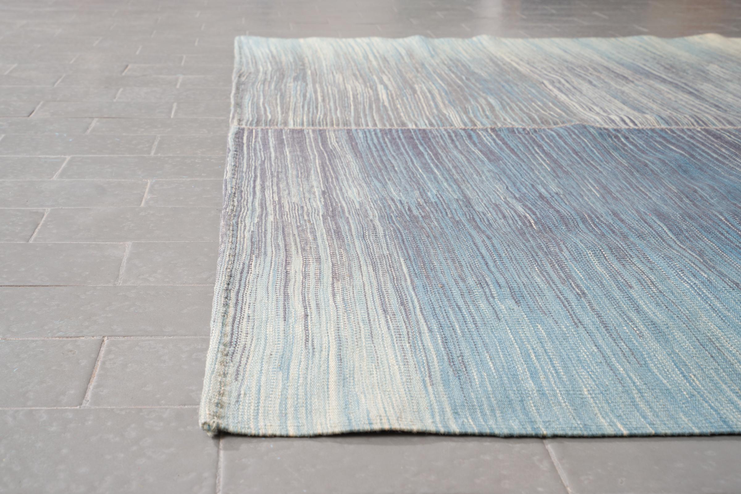 New Weave Fine Mazandaran Minimalist Blue and Grey Persian Kilim Rug
