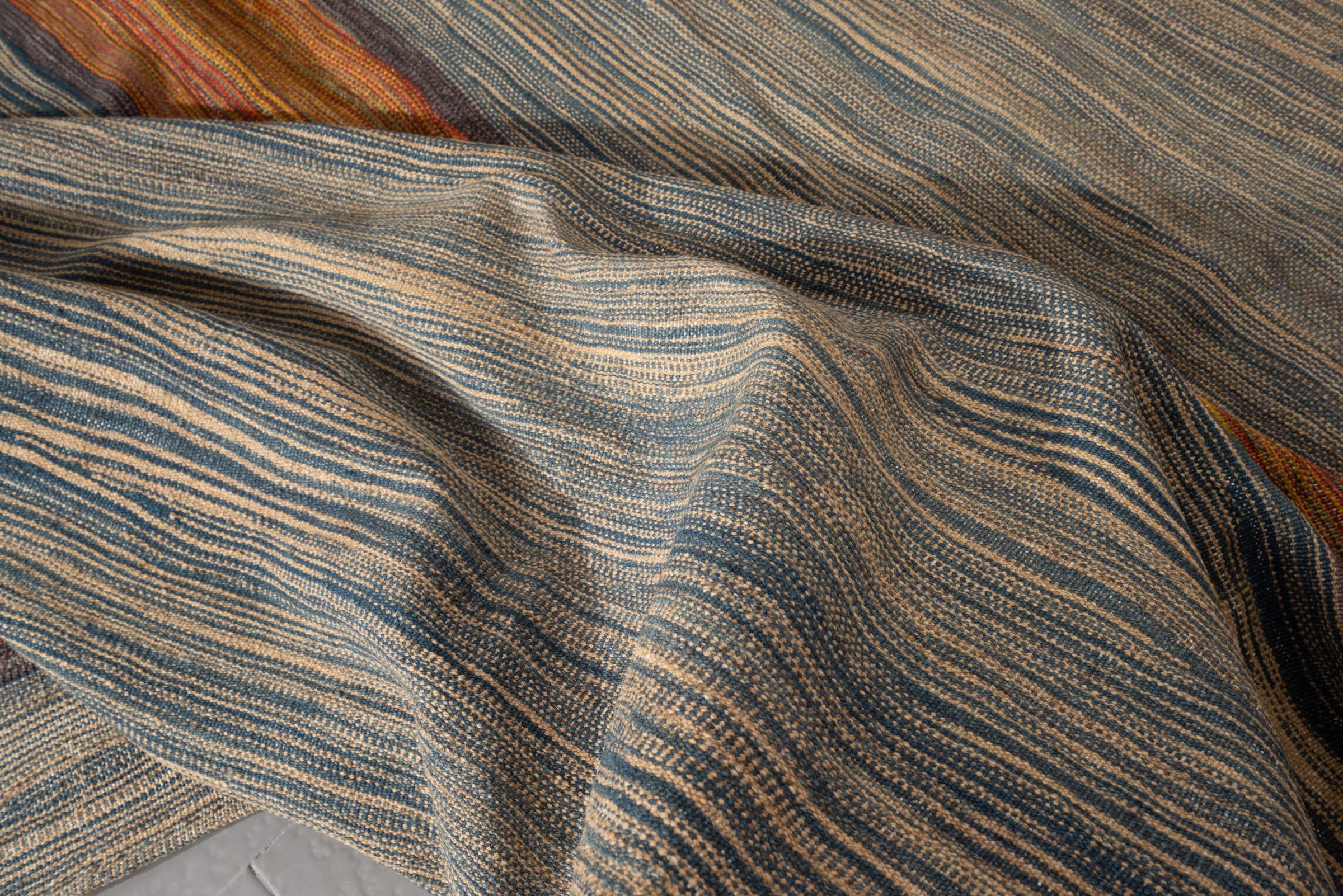 New Weave Undiscovered Minimalism  Fine Skyblue and Mustard Kilim 6.86 SQM