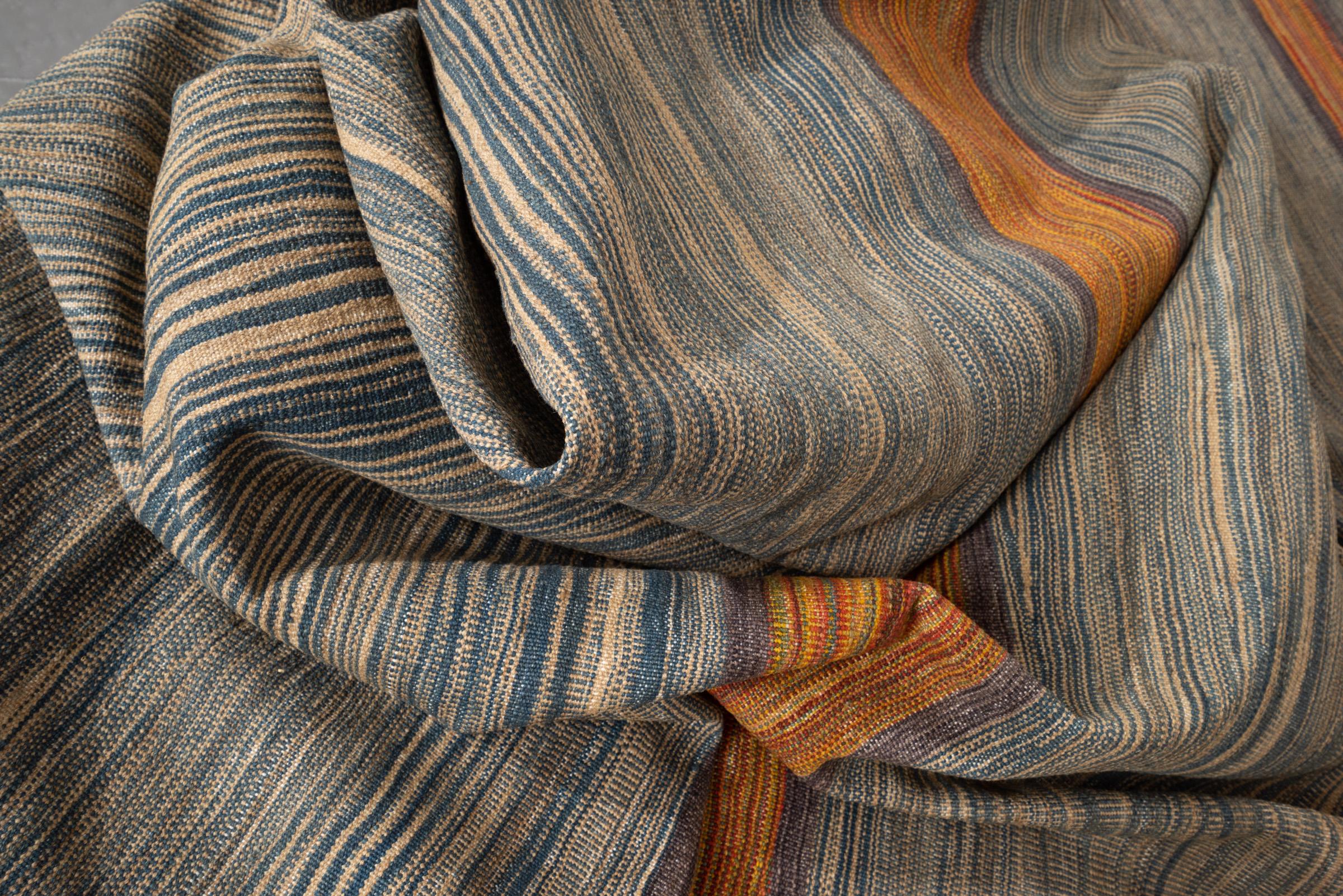 New Weave Undiscovered Minimalism  Fine Skyblue and Mustard Kilim 6.86 SQM