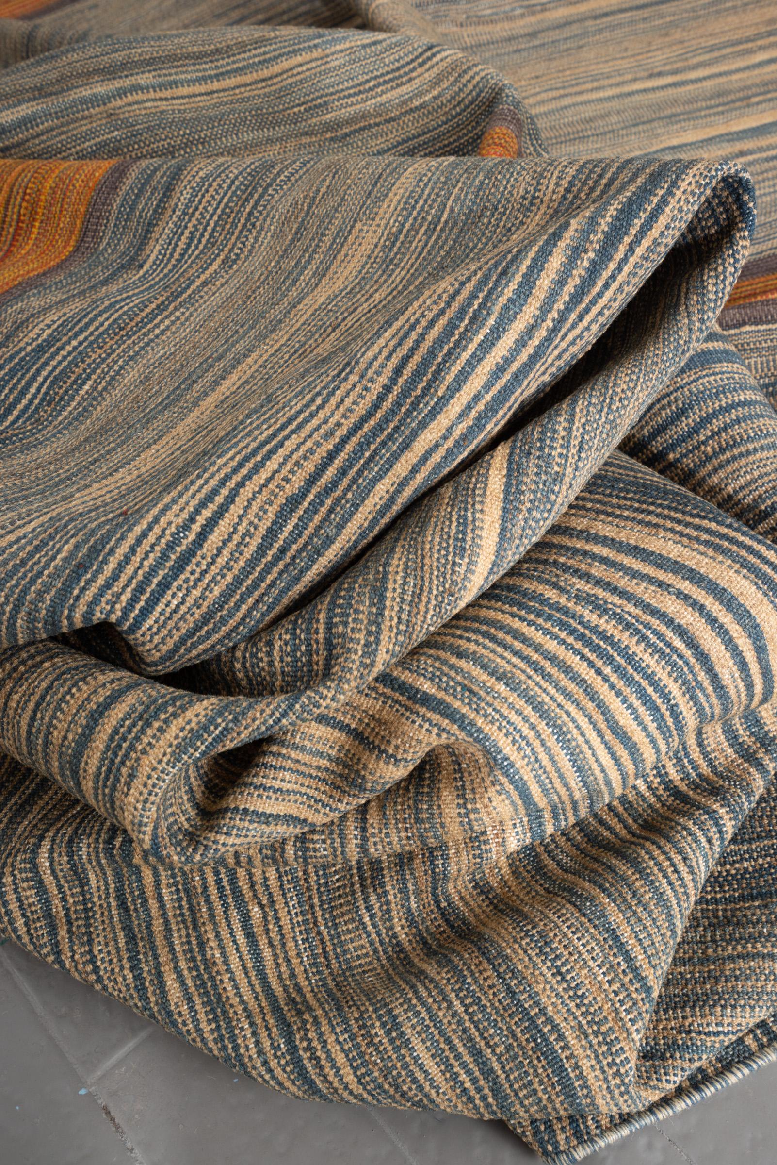 New Weave Undiscovered Minimalism  Fine Skyblue and Mustard Kilim 6.86 SQM
