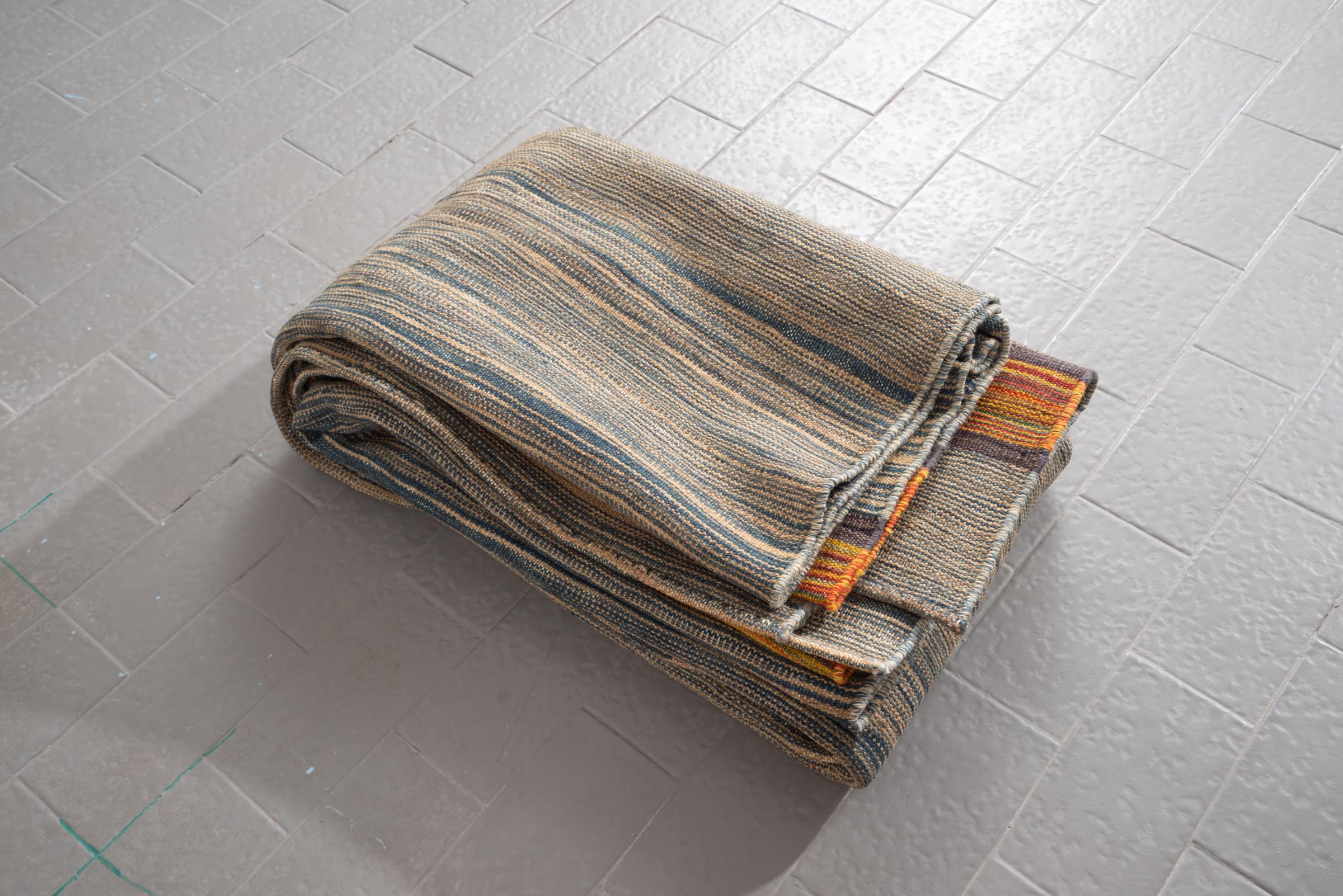 New Weave Undiscovered Minimalism  Fine Skyblue and Mustard Kilim 6.86 SQM
