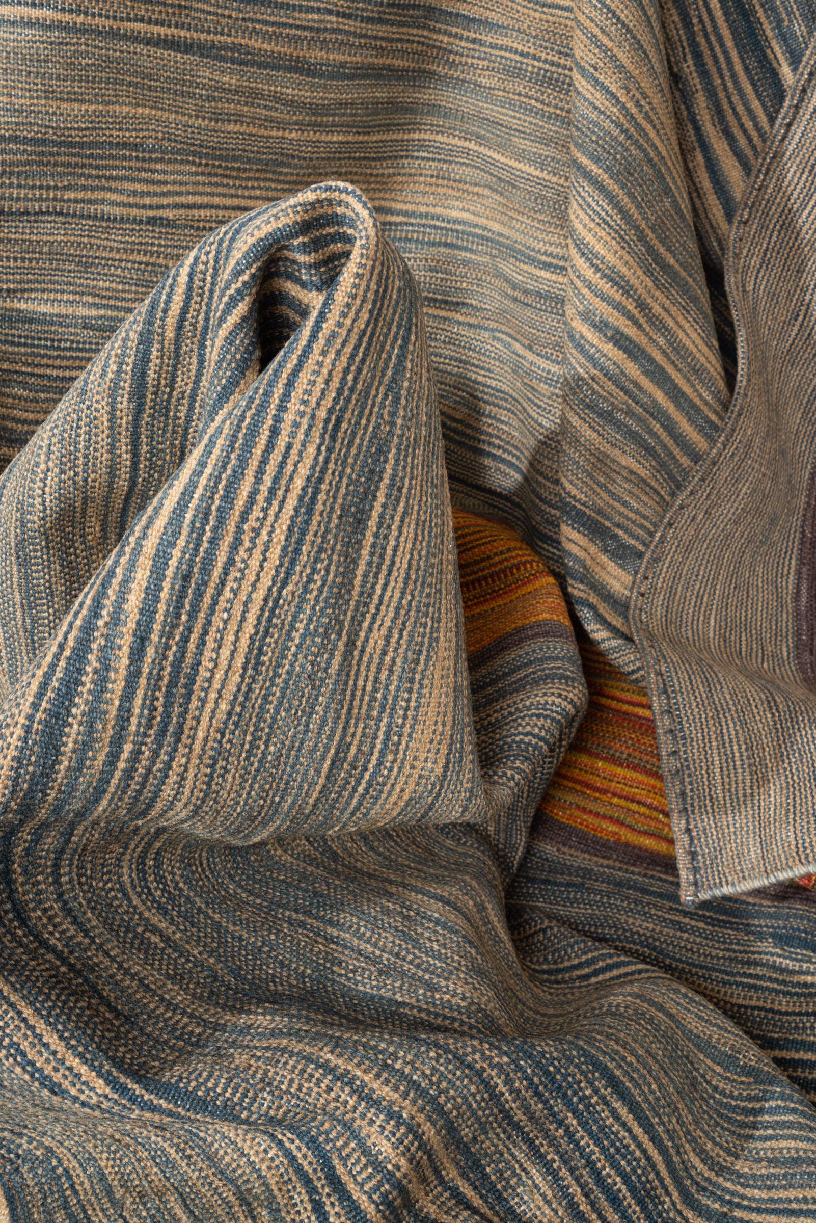 New Weave Undiscovered Minimalism  Fine Skyblue and Mustard Kilim 6.86 SQM