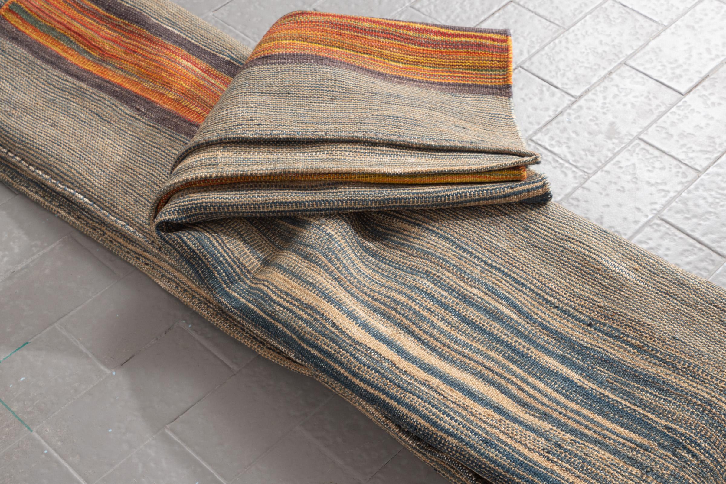 New Weave Undiscovered Minimalism  Fine Skyblue and Mustard Kilim 6.86 SQM