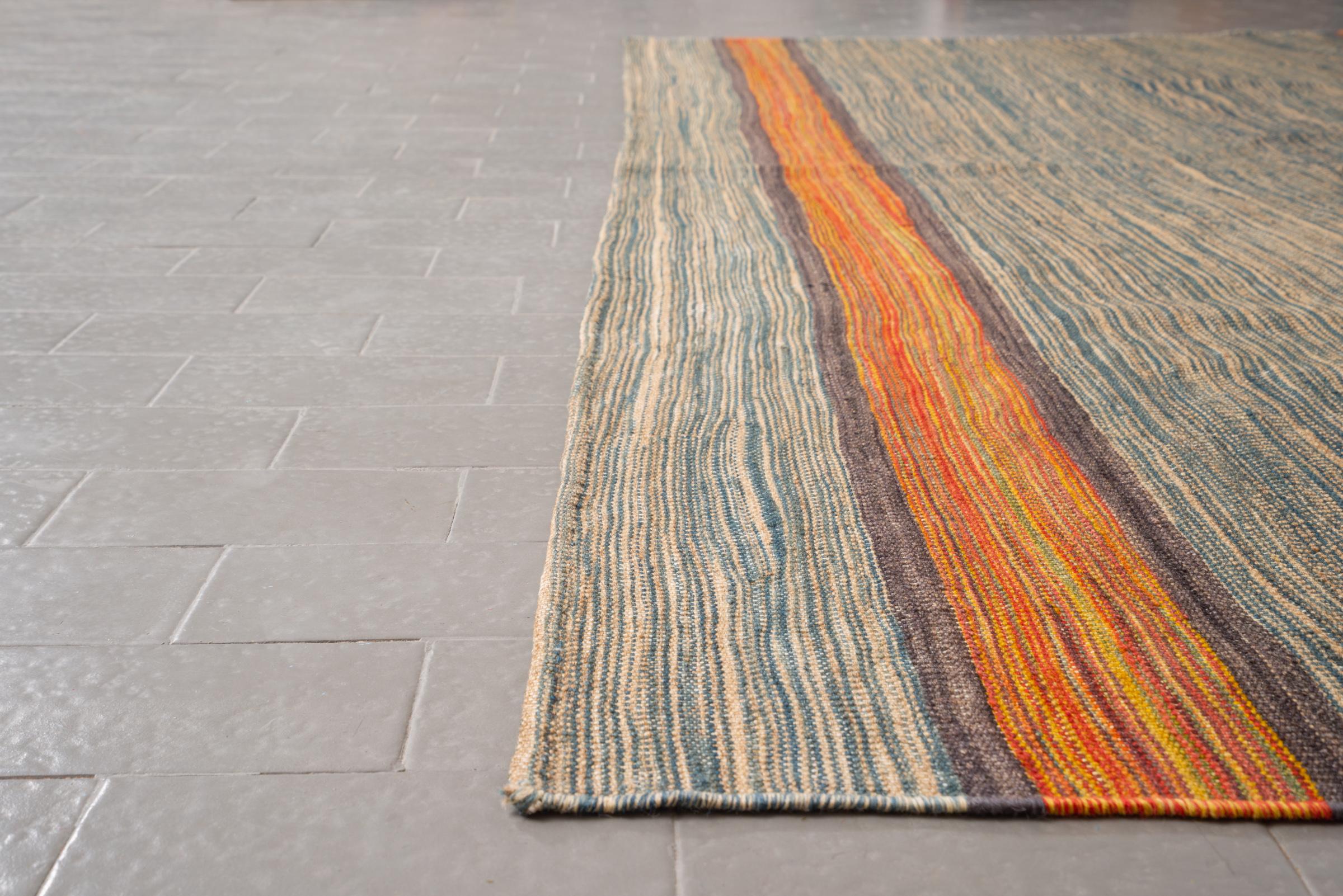 New Weave Undiscovered Minimalism  Fine Skyblue and Mustard Kilim 6.86 SQM