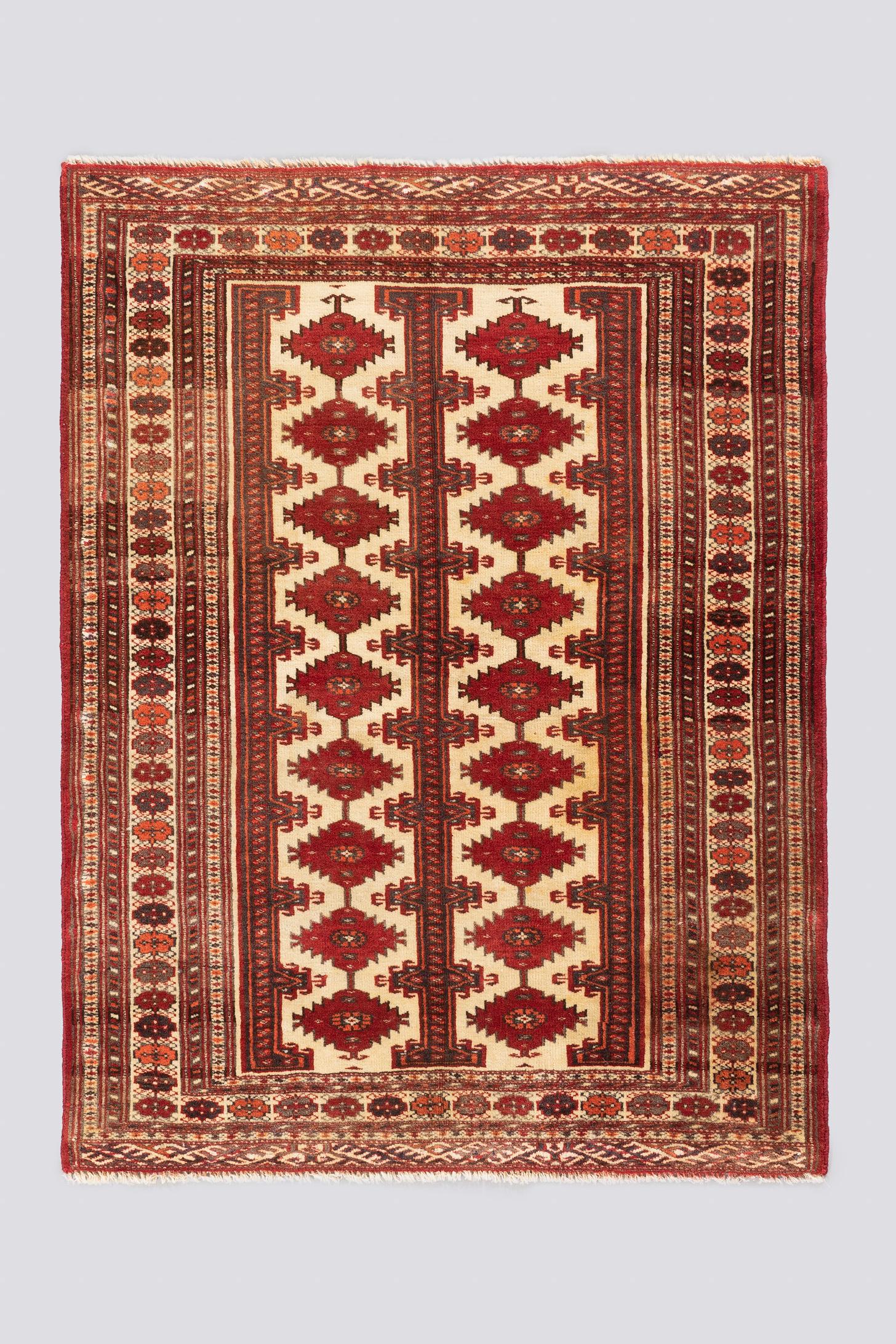 Vintage Cream and Red Torkaman Carpet 1.5 SQM