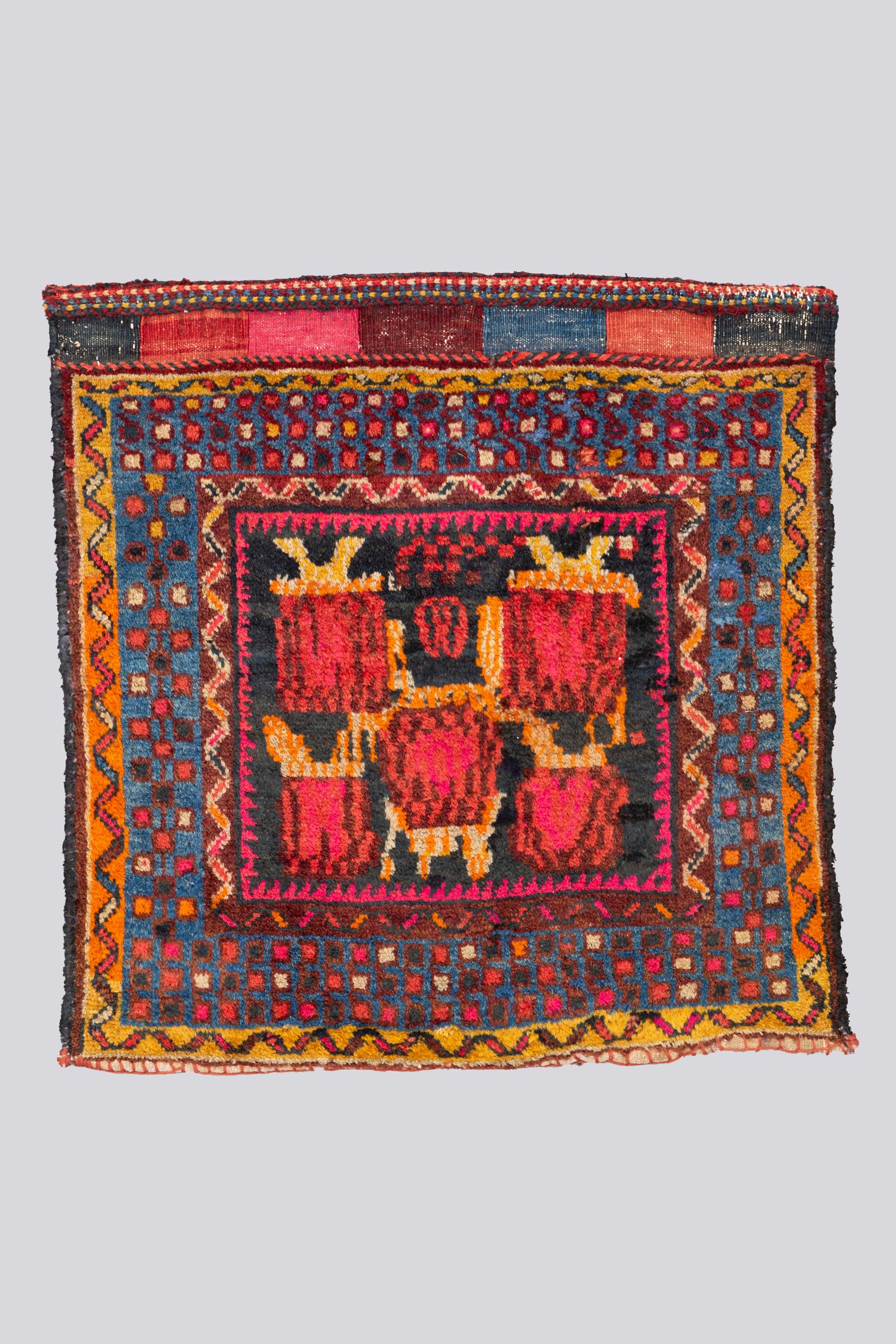 Vintage Afshar Golfarang Carpet Saddle bag face 1