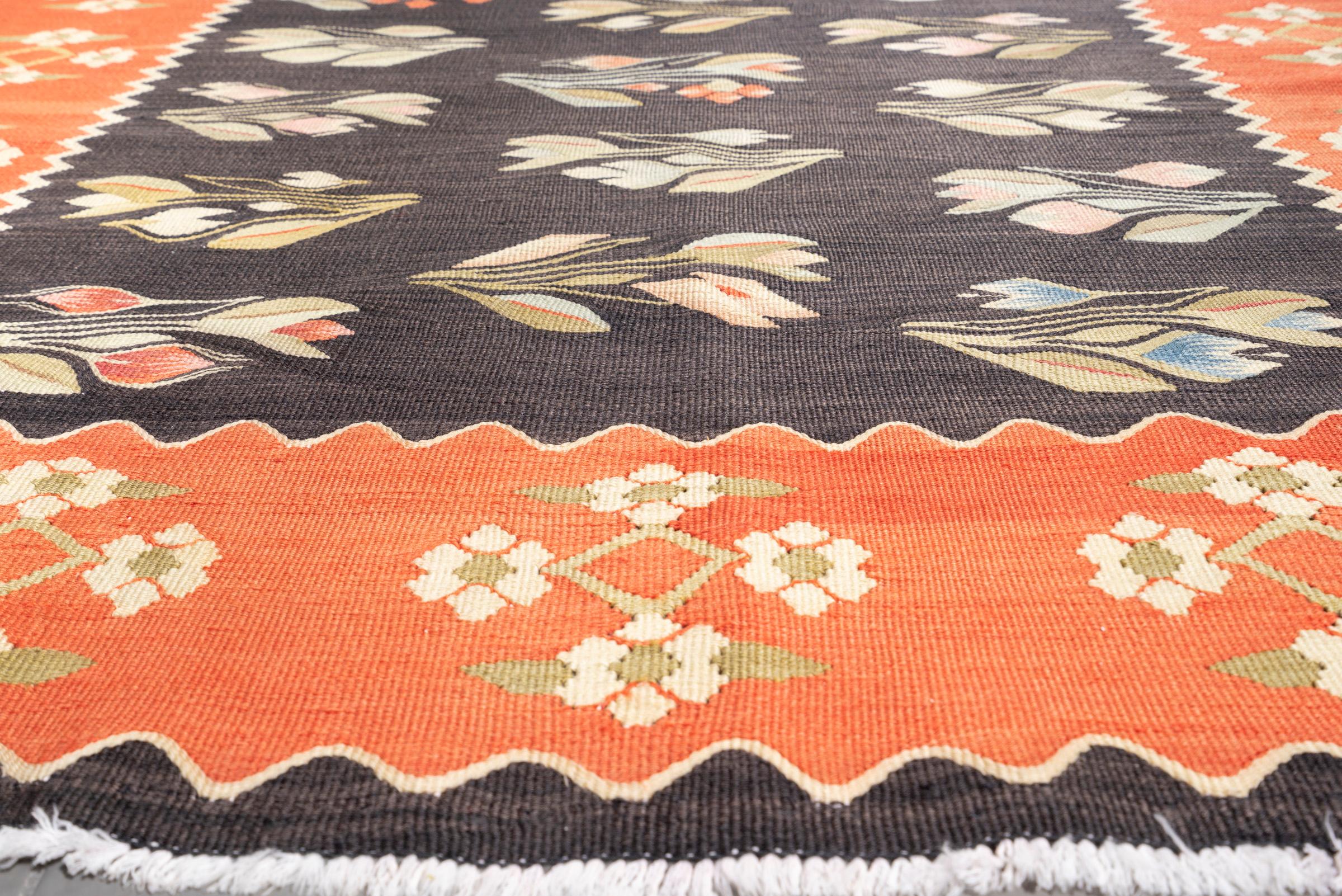 Antique Sanneh Pictorial Rose Bushes Fine Persian Kilim Rug