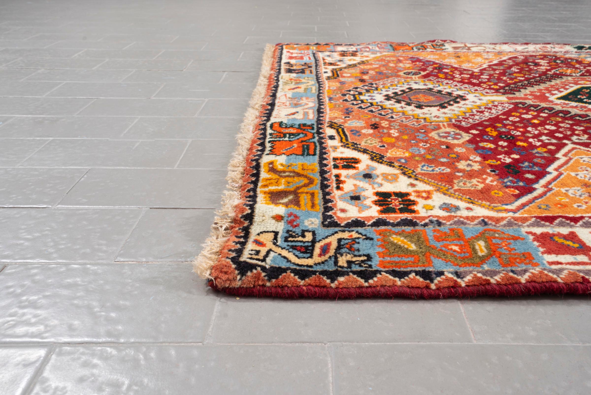 Vintage Qashqai Triple Toranj Abrash Persian Rug