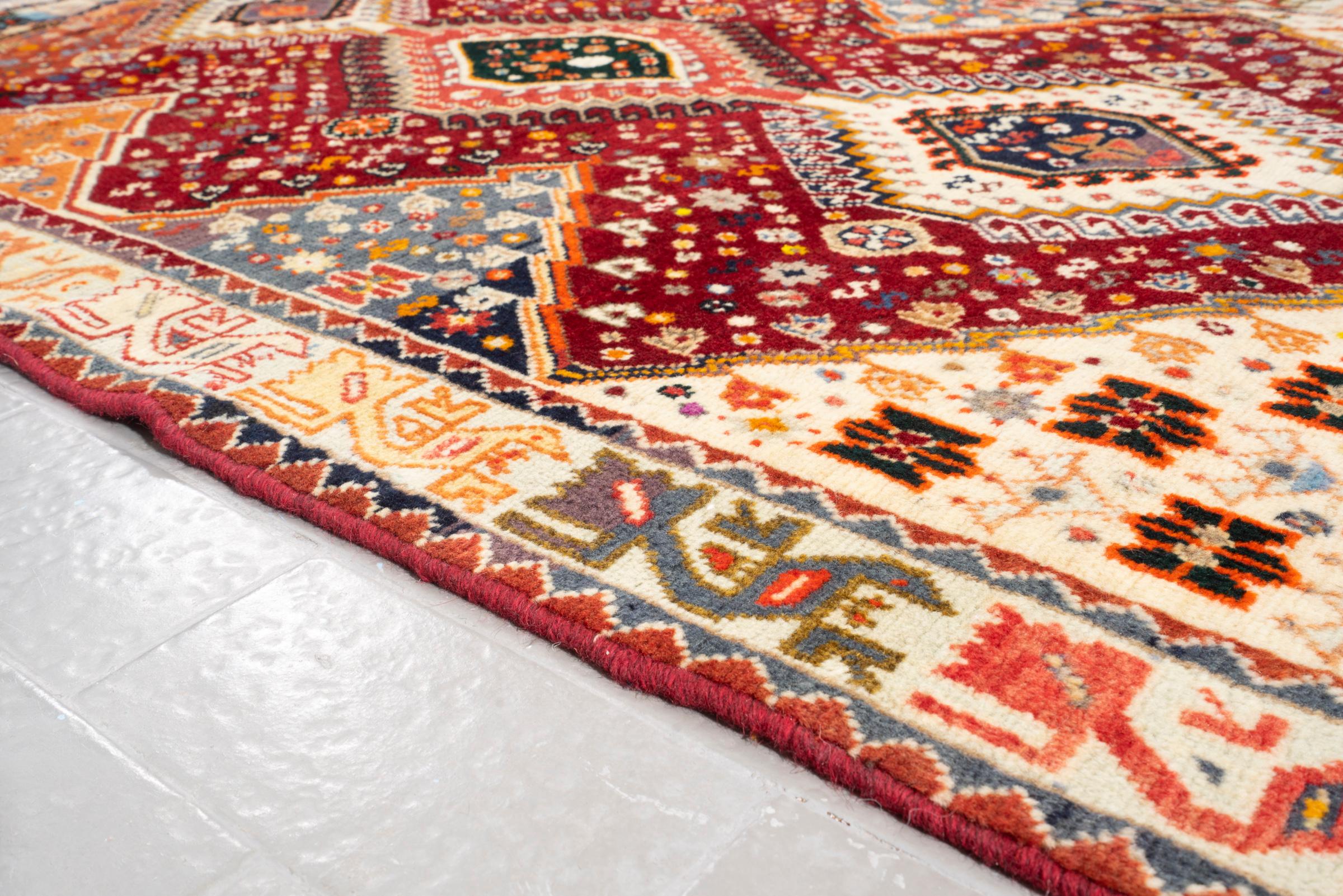 Vintage Qashqai Triple Toranj Abrash Persian Rug