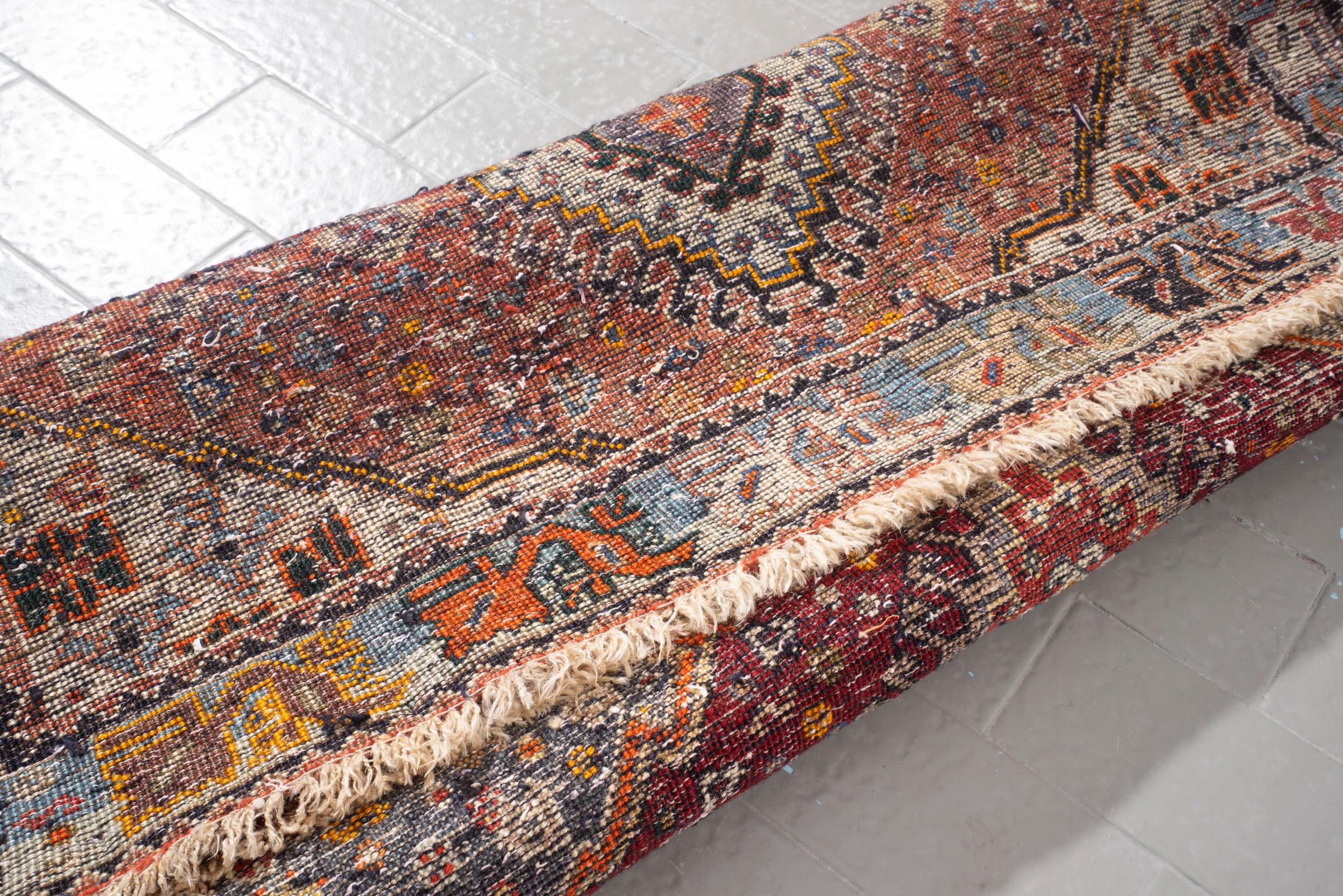 Vintage Qashqai Triple Toranj Abrash Persian Rug