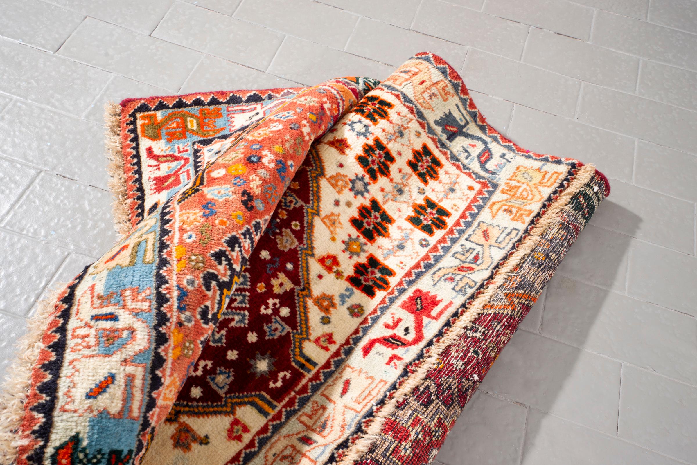 Vintage Qashqai Triple Toranj Abrash Persian Rug