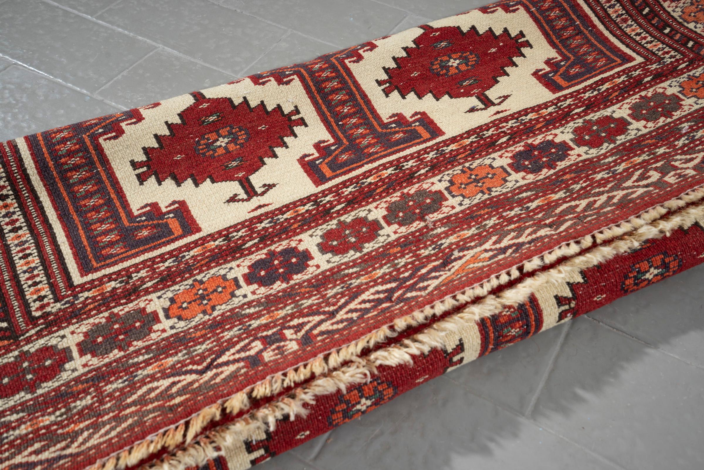 Cream and Red Torkaman Persian Rug