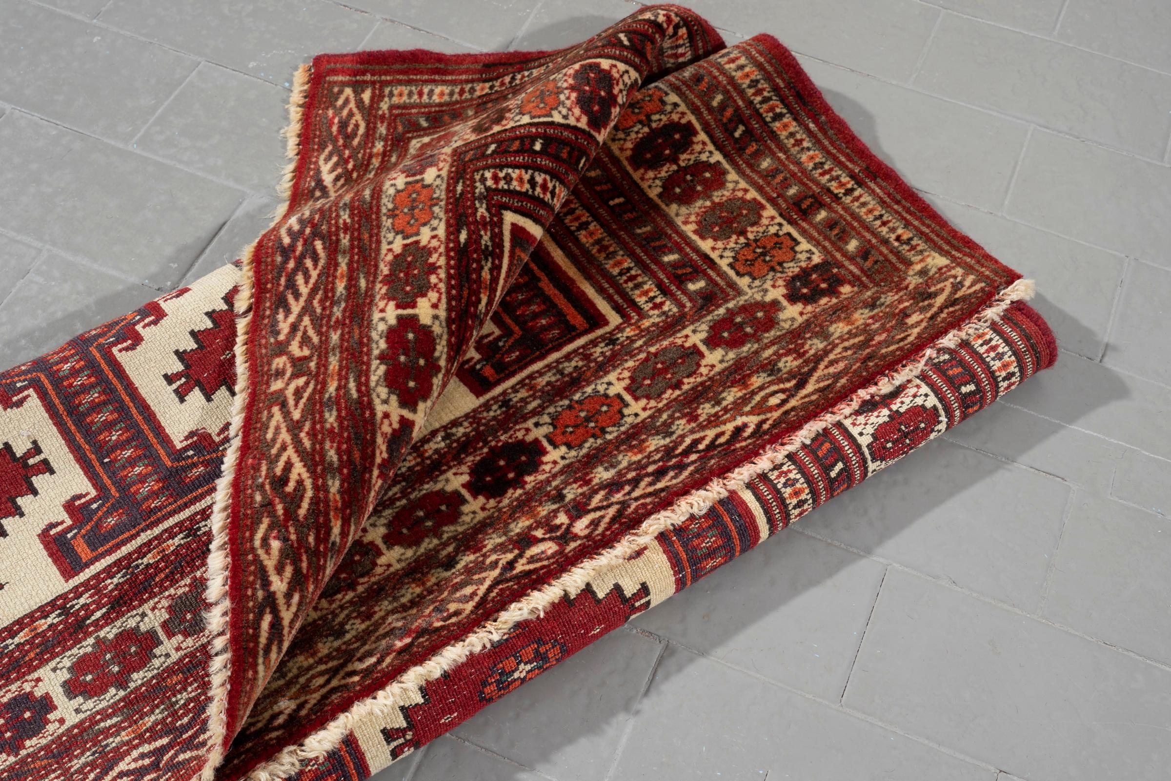 Cream and Red Torkaman Persian Rug