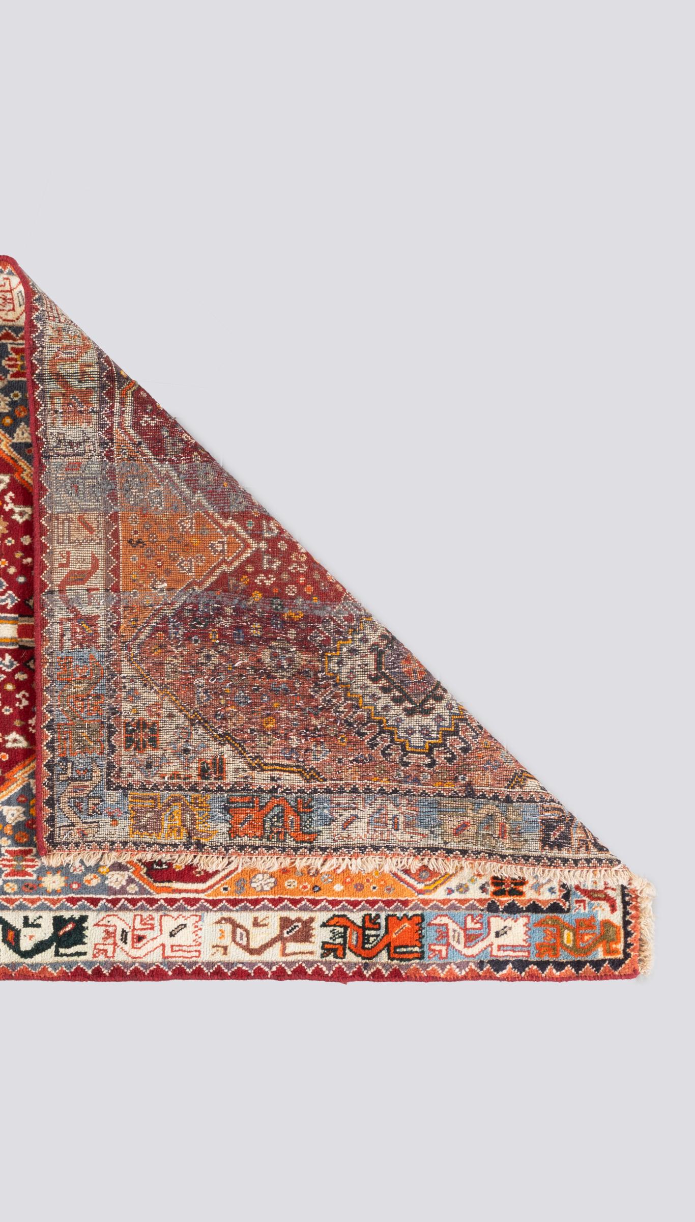 Vintage Qashqai Triple Toranj Abrash Persian Rug
