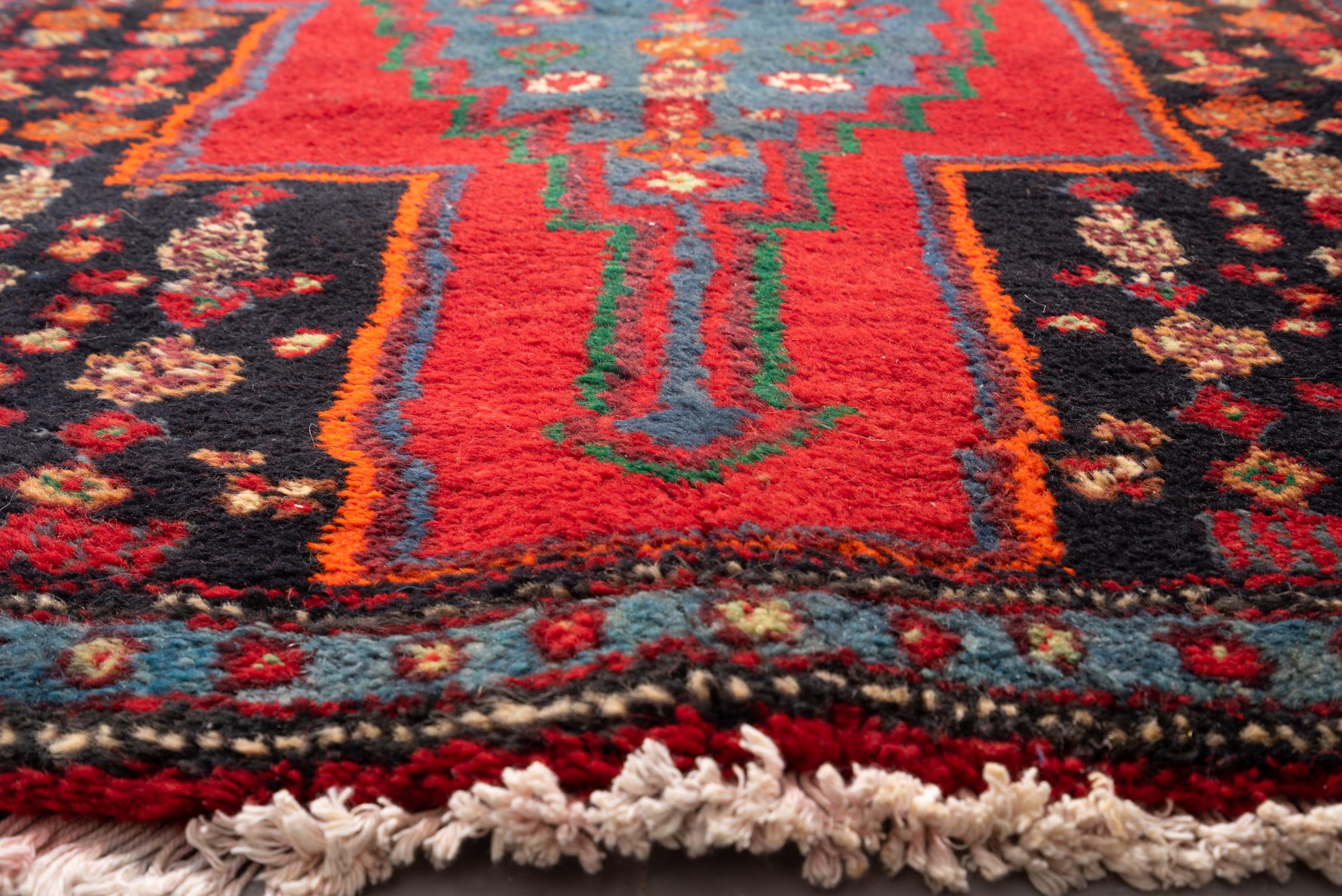 Vintage Zanjan rare triple Toranj Persian Runner Rug
