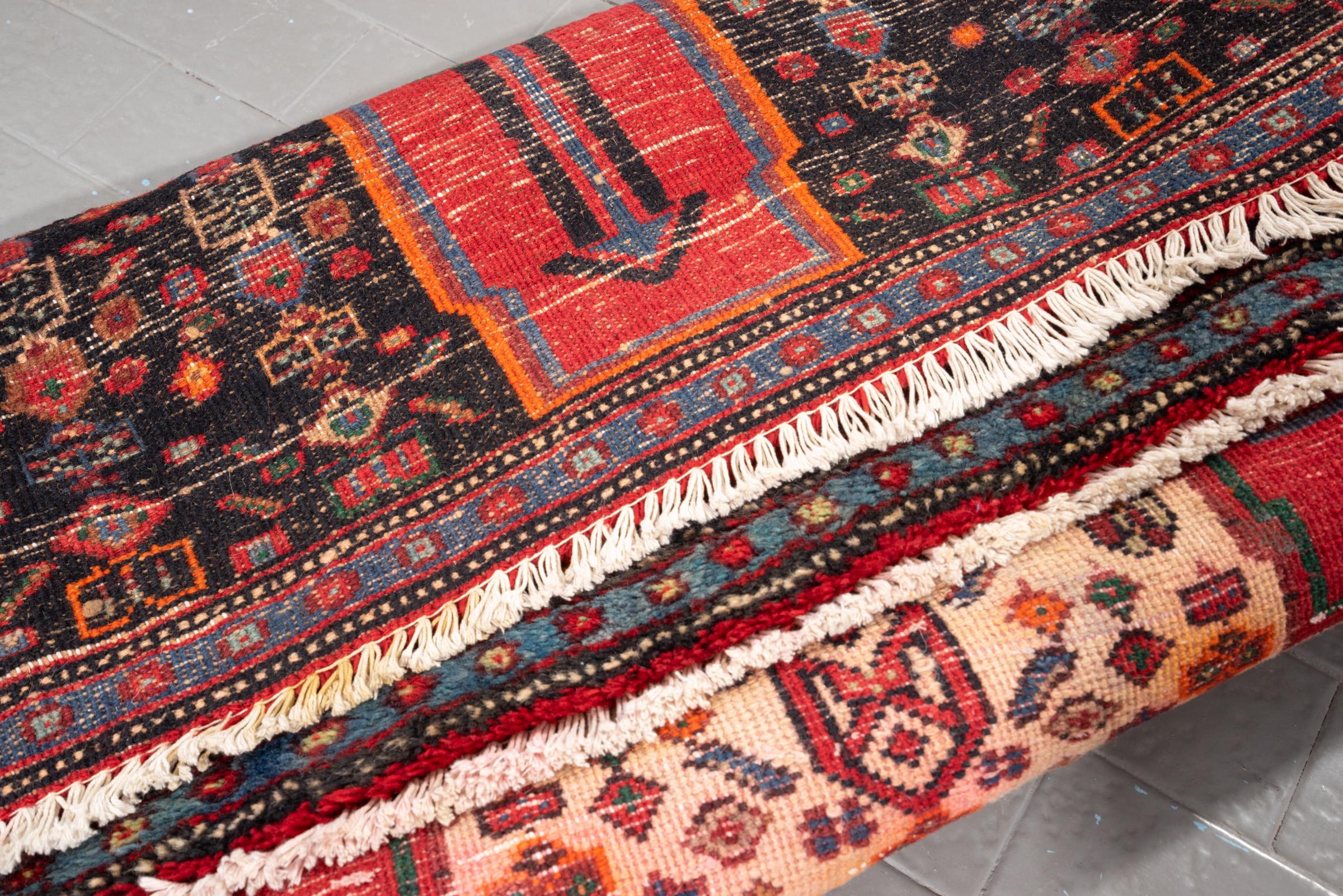 Vintage Zanjan rare triple Toranj Persian Runner Rug