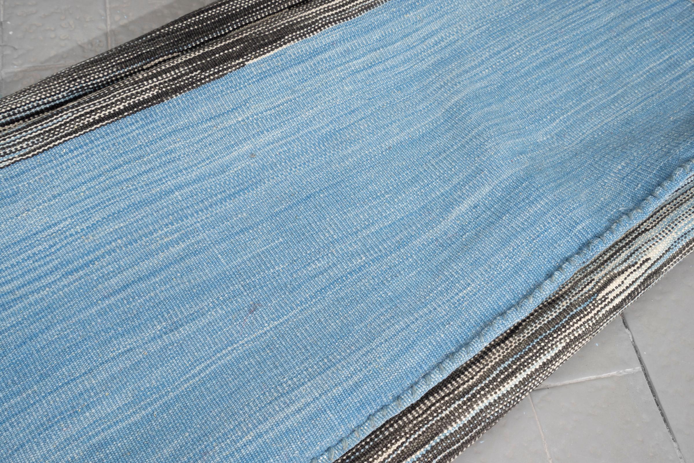 New Weave Fine Mazandaran Minimalist Sky and Shadow Persian Kilim Runner