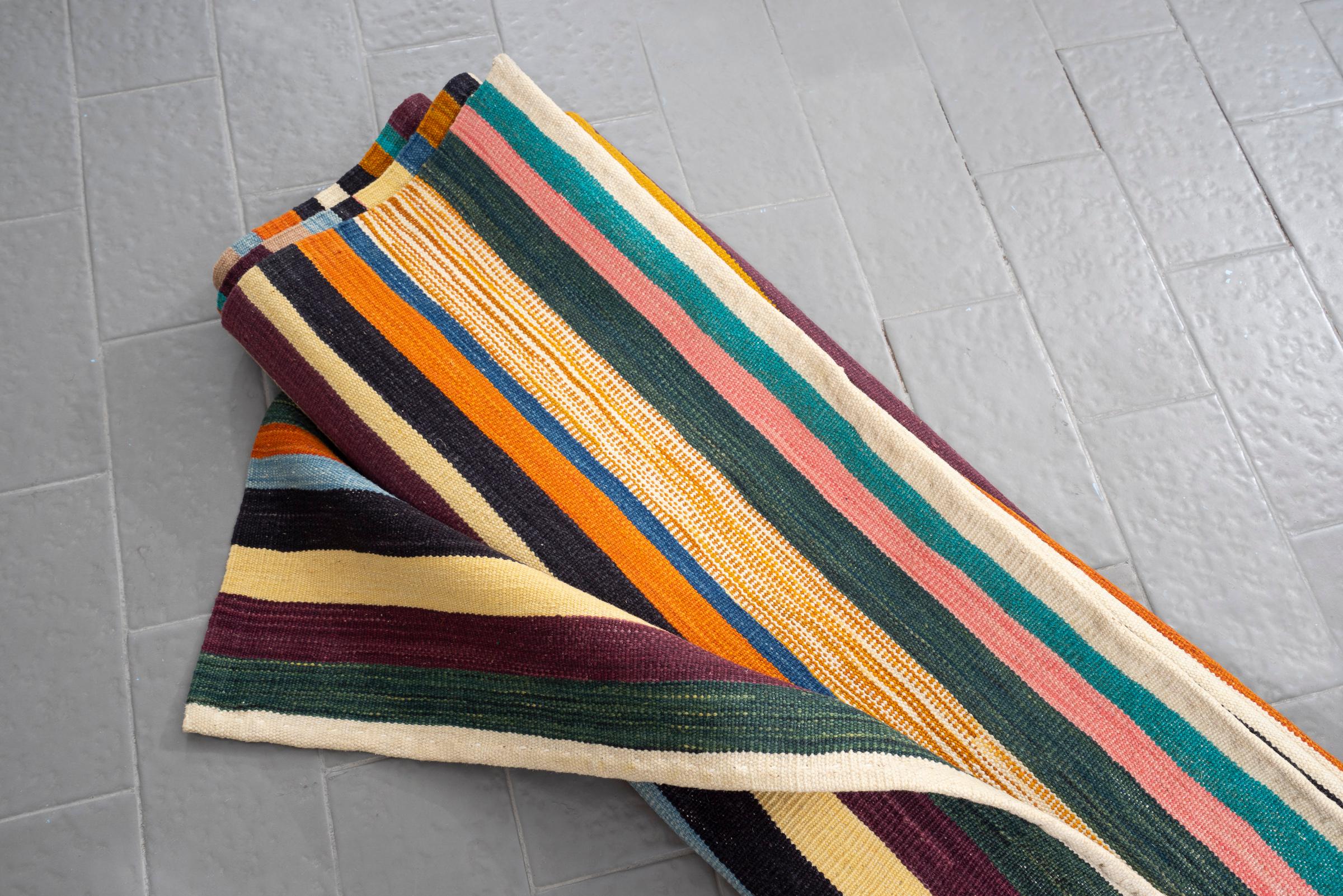 New Weave Fine Mazandaran Minimalist Stripes Persian Kilim Runner