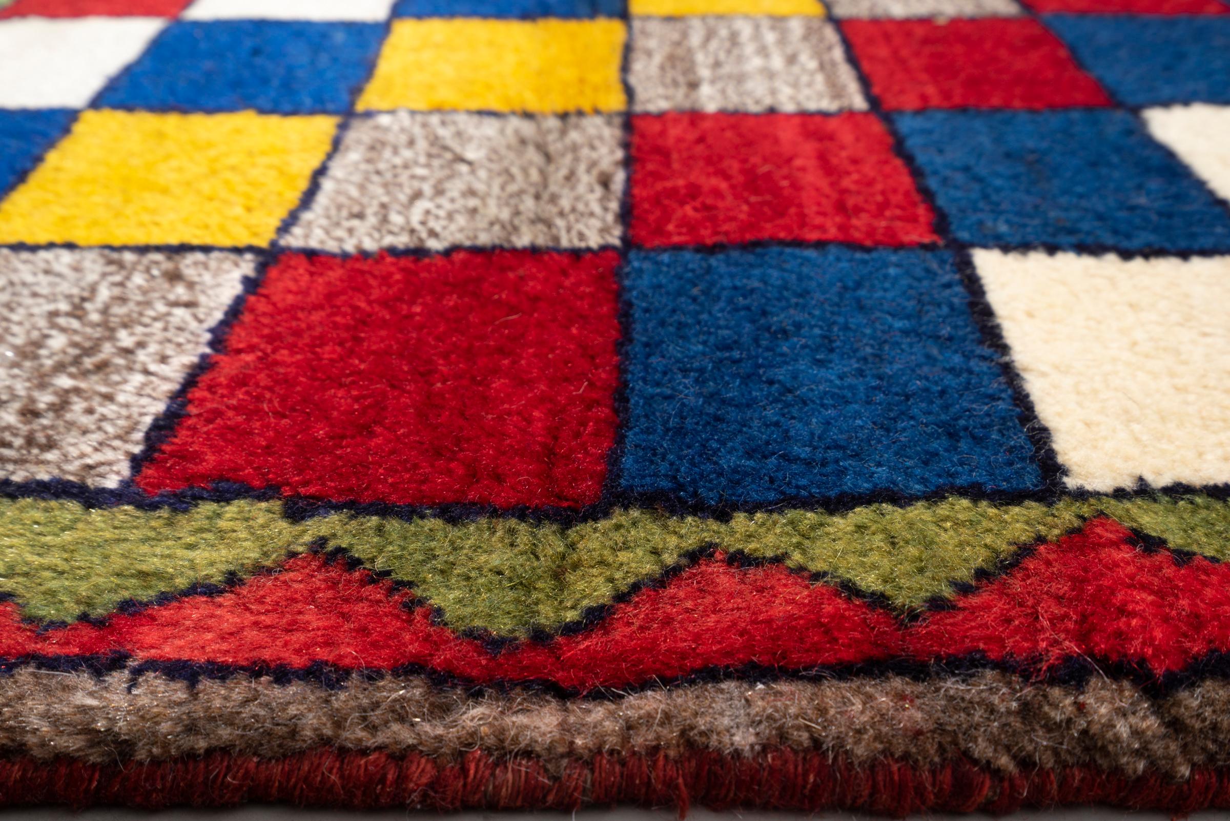 Vintage Qashqai Checkered Persian Gabbeh Poshti Rug