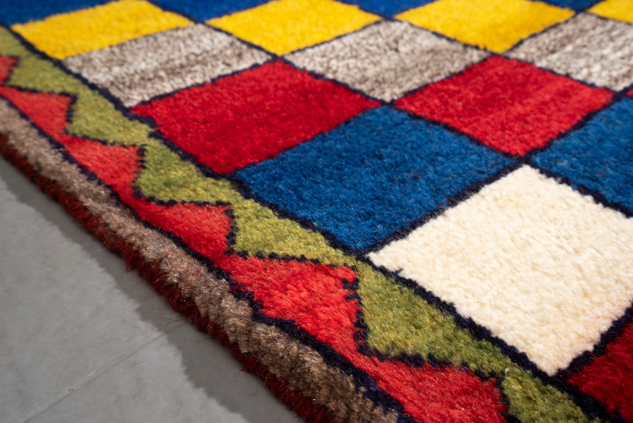 Vintage Qashqai Checkered Persian Gabbeh Poshti Rug