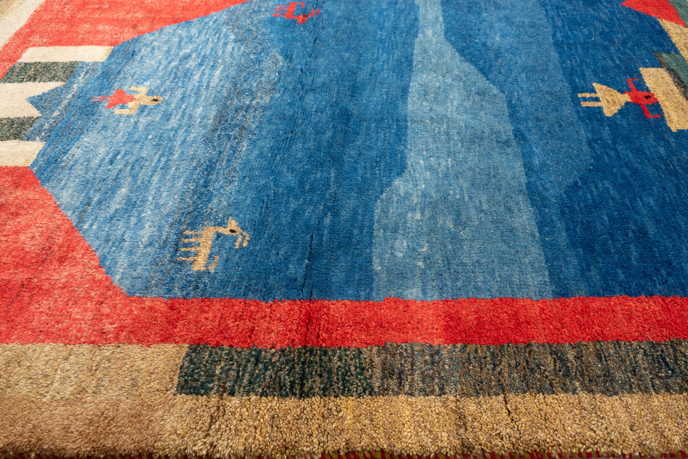 Vintage Qashqai Blue Fields Persian Gabbeh Rug