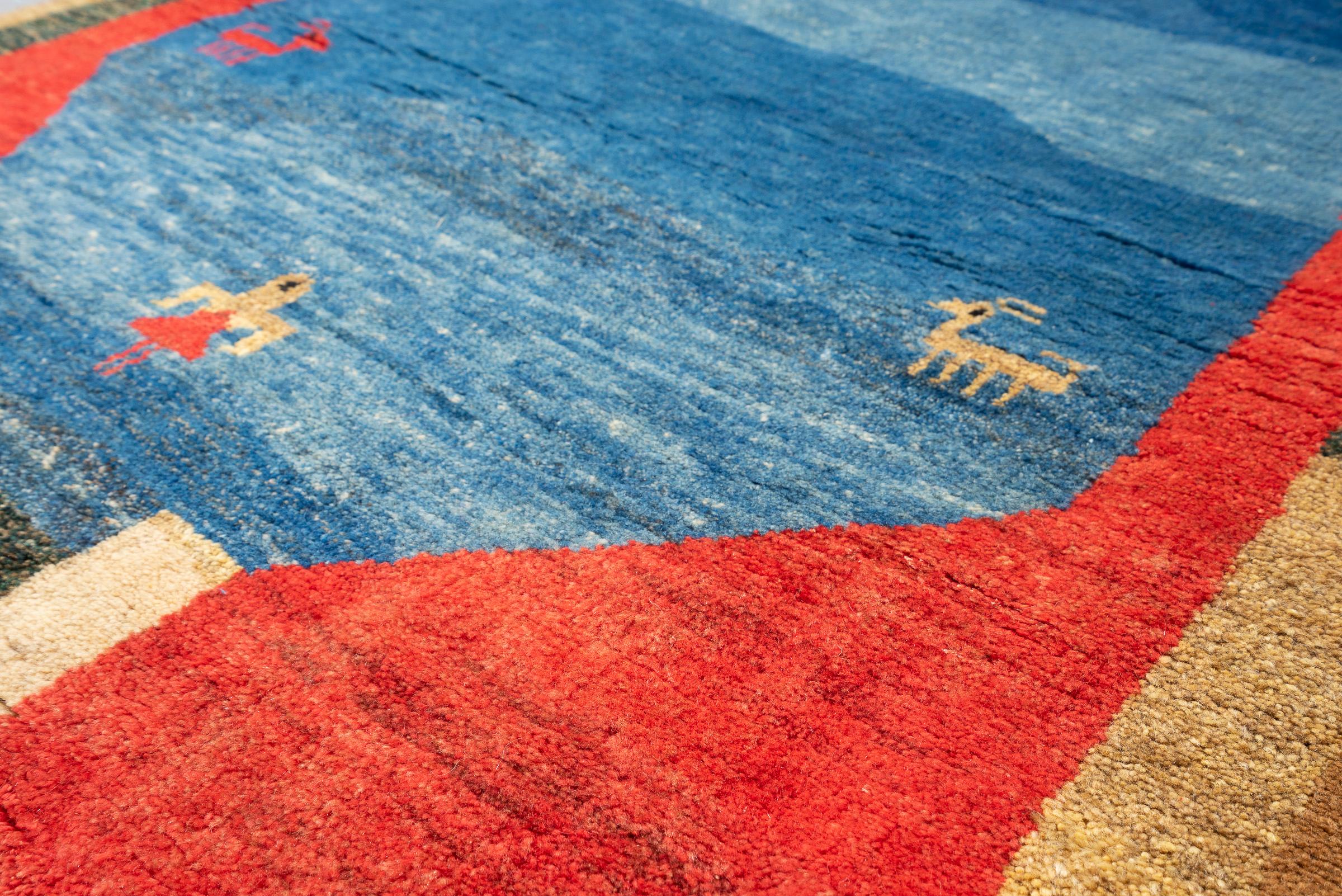 Vintage Qashqai Blue Fields Persian Gabbeh Rug