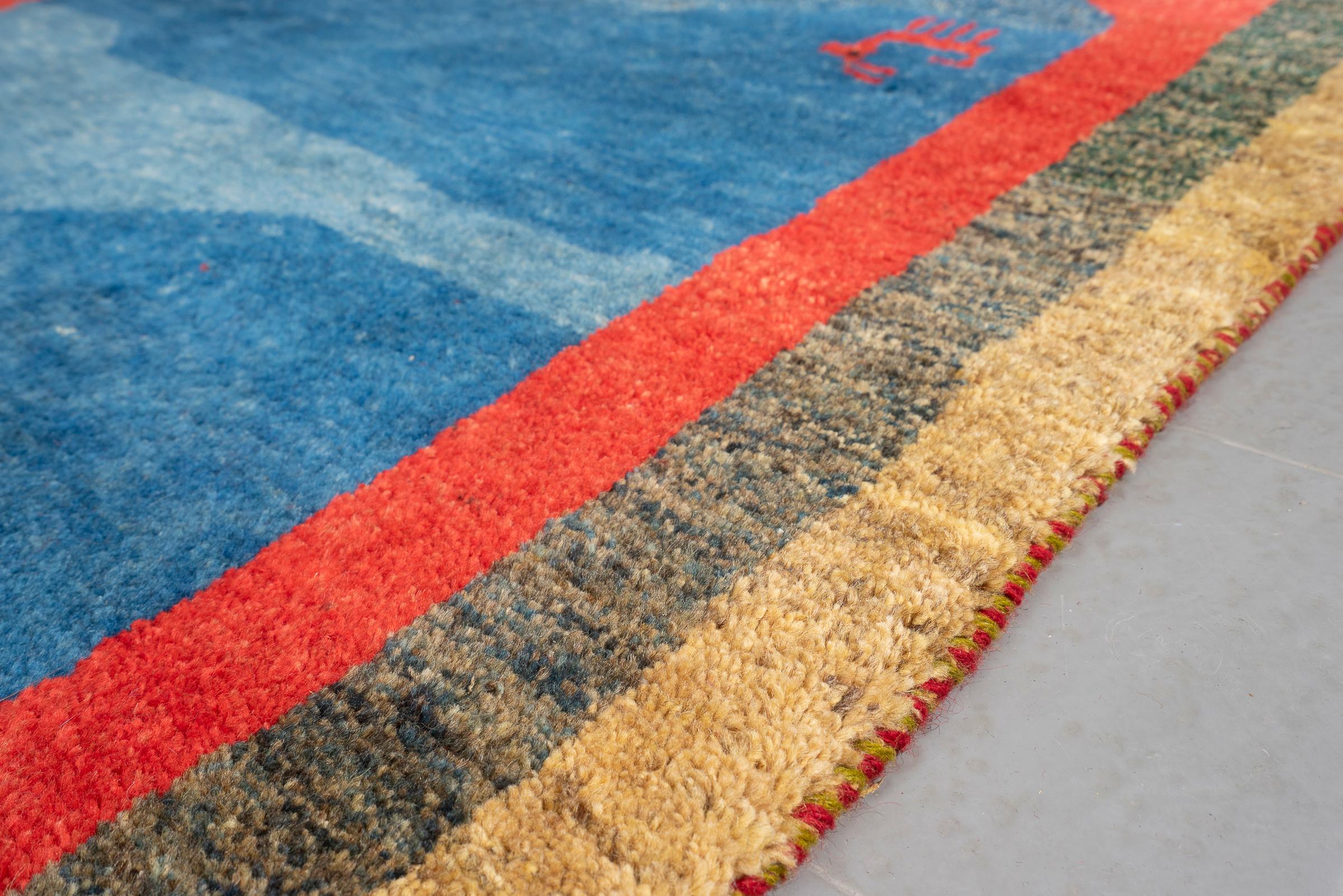 Vintage Qashqai Blue Fields Persian Gabbeh Rug