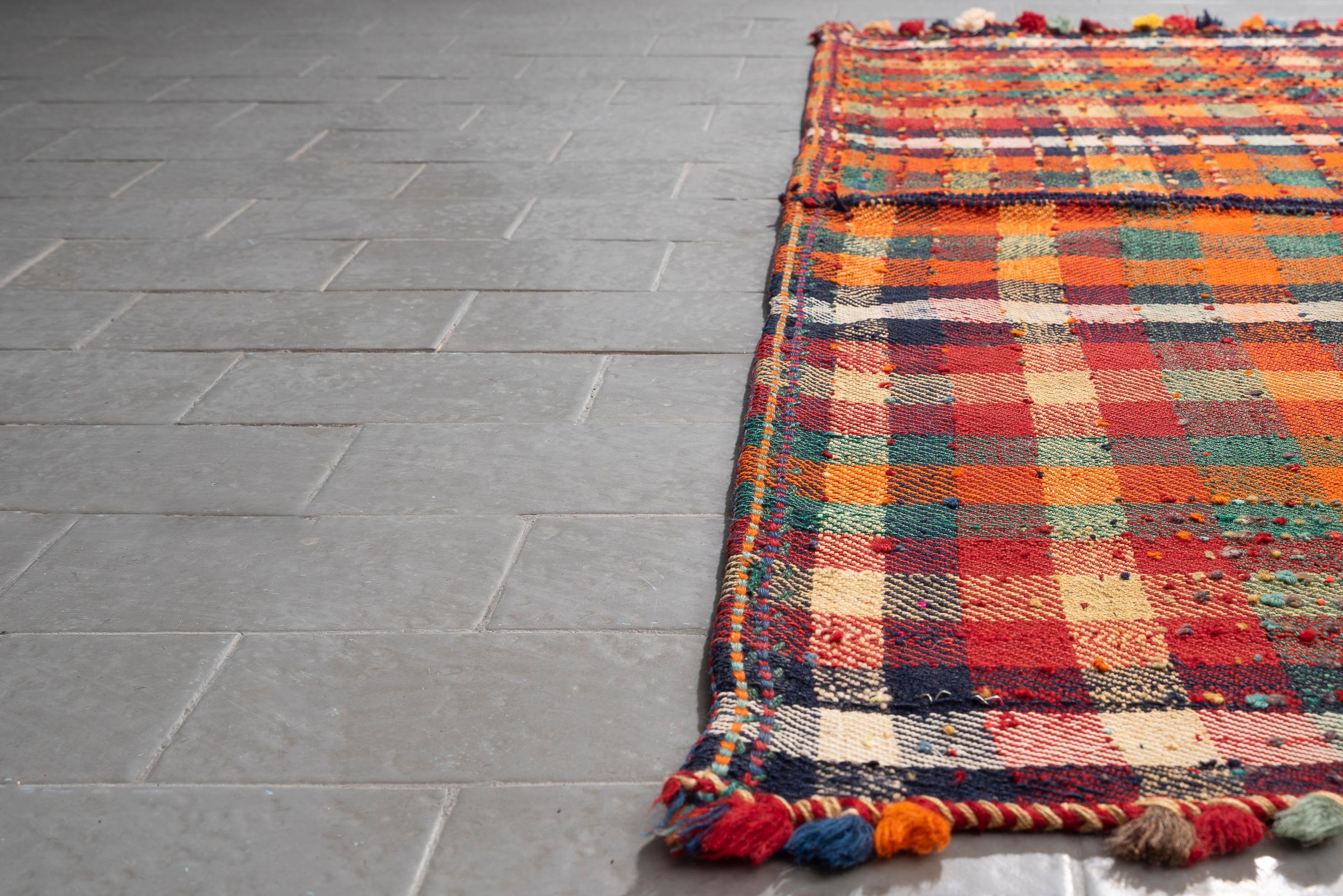 Vintage Qashqai Checkered Persian Jajim Flatweave