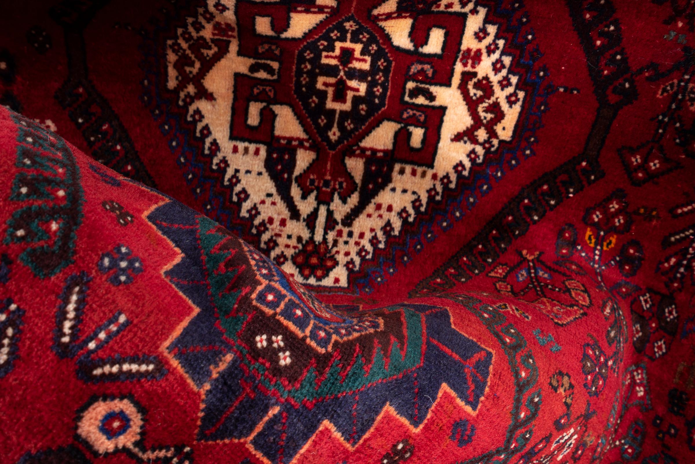 Vintage Qashqai Shesh Boluki Triple Toranj Persian Rug