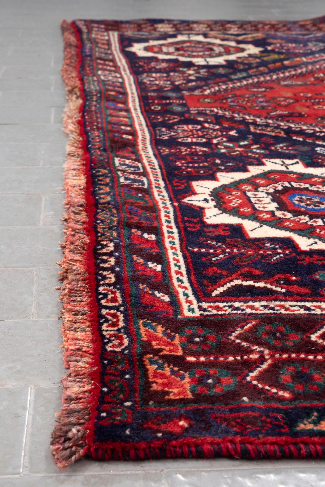 Vintage Qashqai Shesh Boluki Triple Toranj Persian Rug
