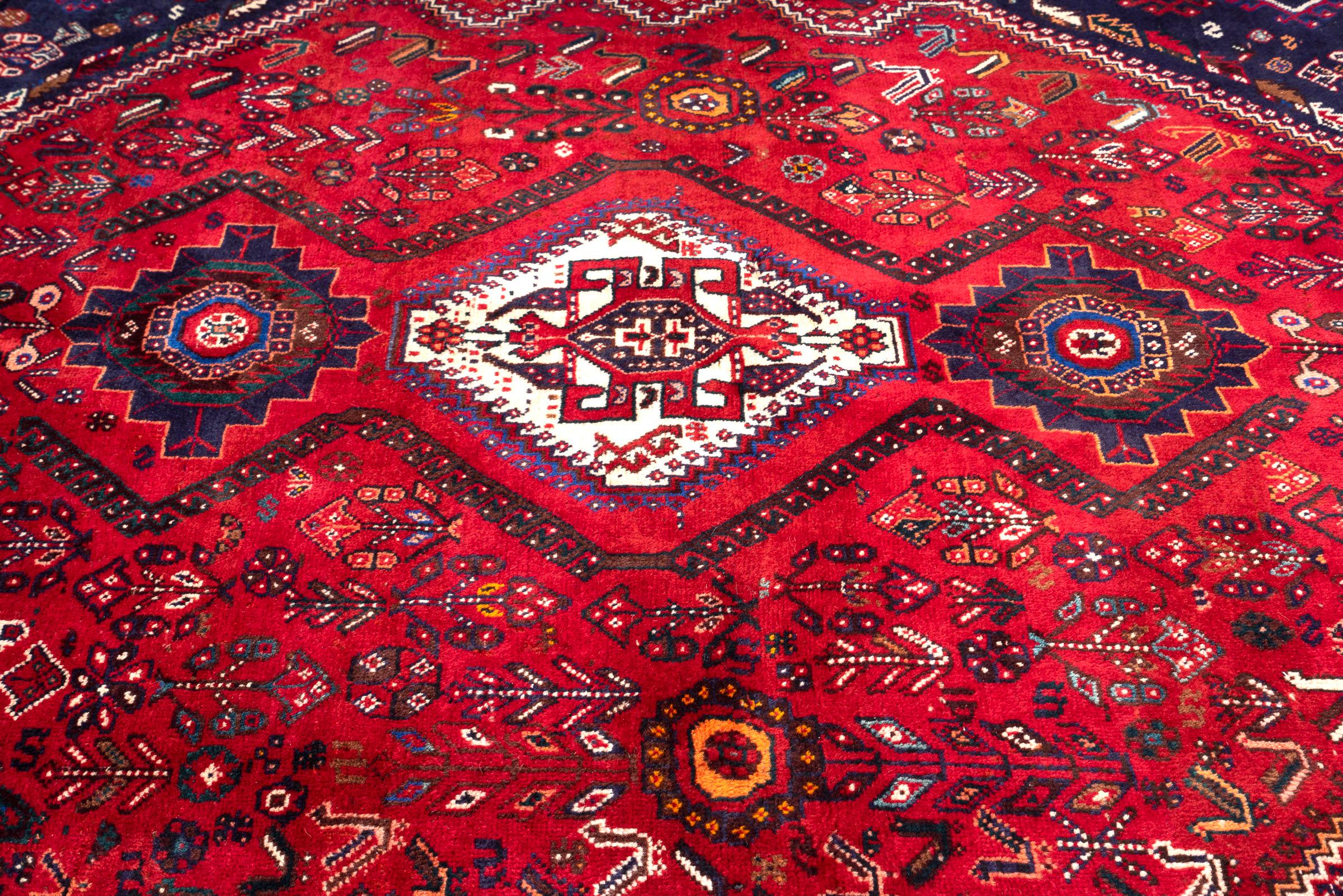 Vintage Qashqai Shesh Boluki Triple Toranj Persian Rug