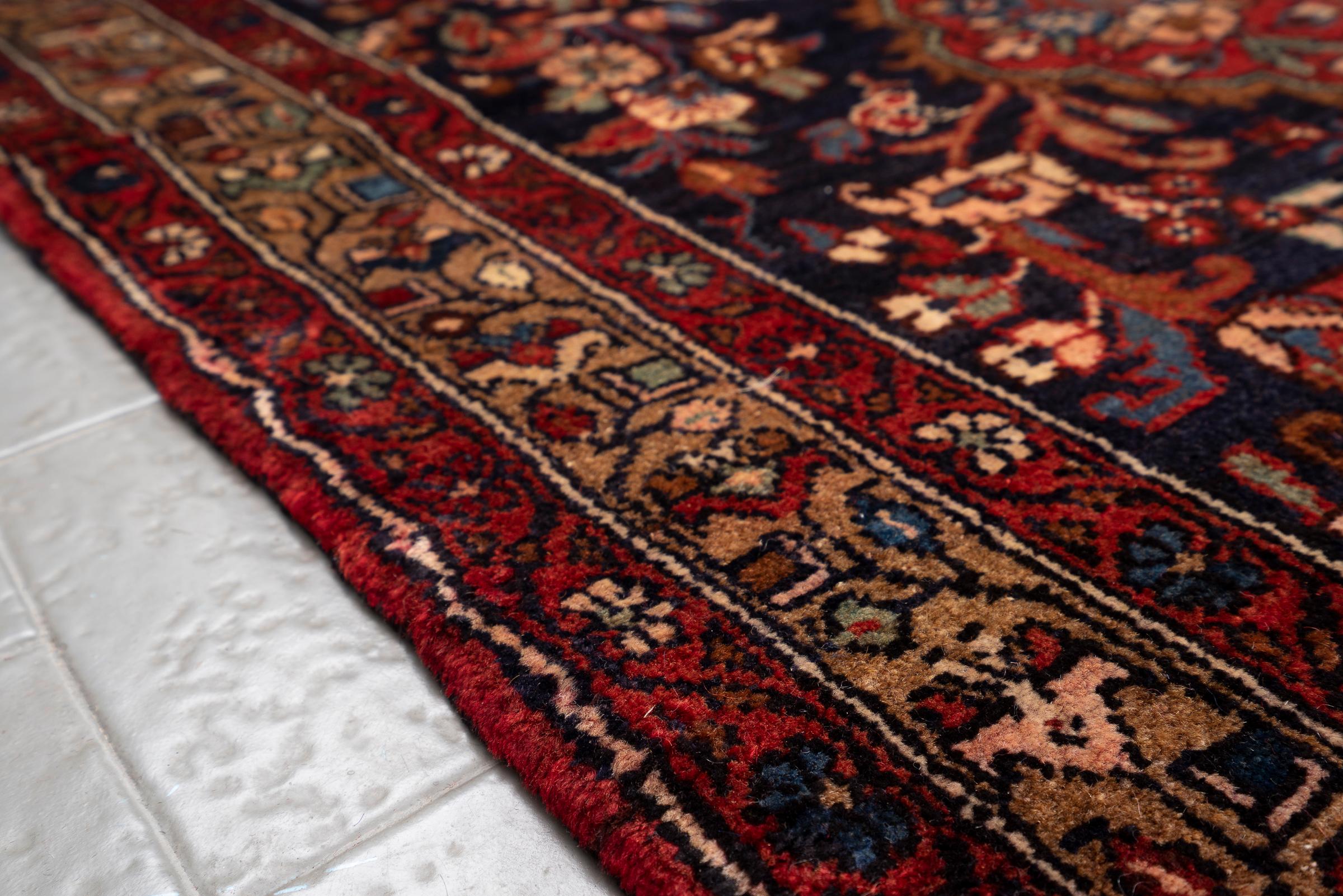 Vintage Hamadan Navy Lachak Toranh Persian Runner Rug