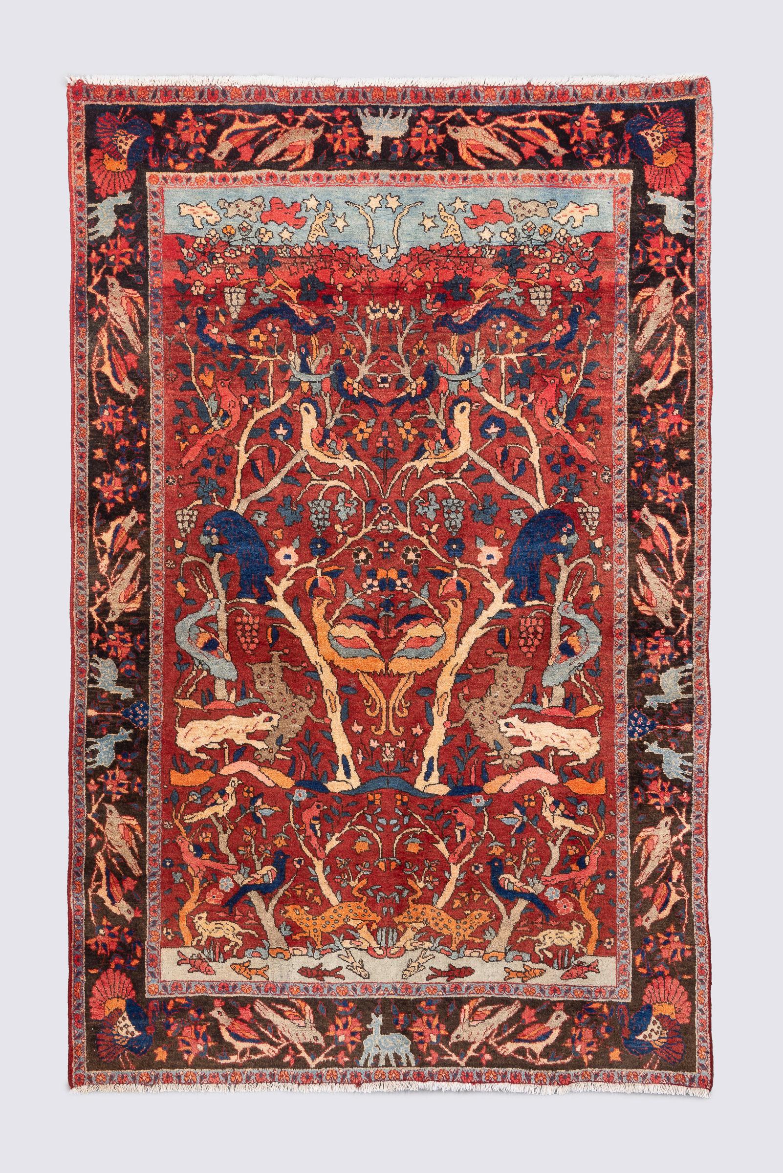 Antique Bijar Animal Garden Persian Rug, 1920-1940, 195x125cm