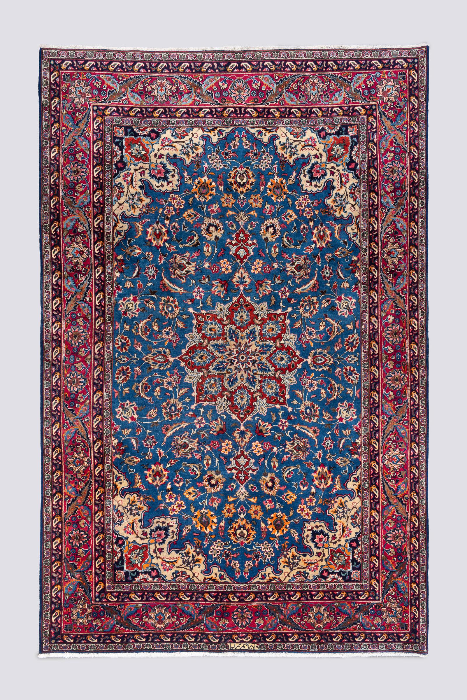 Vintage Kashan Signed Mosavian Fine Teal Lachak Toranj Carpet 6.2S5QM