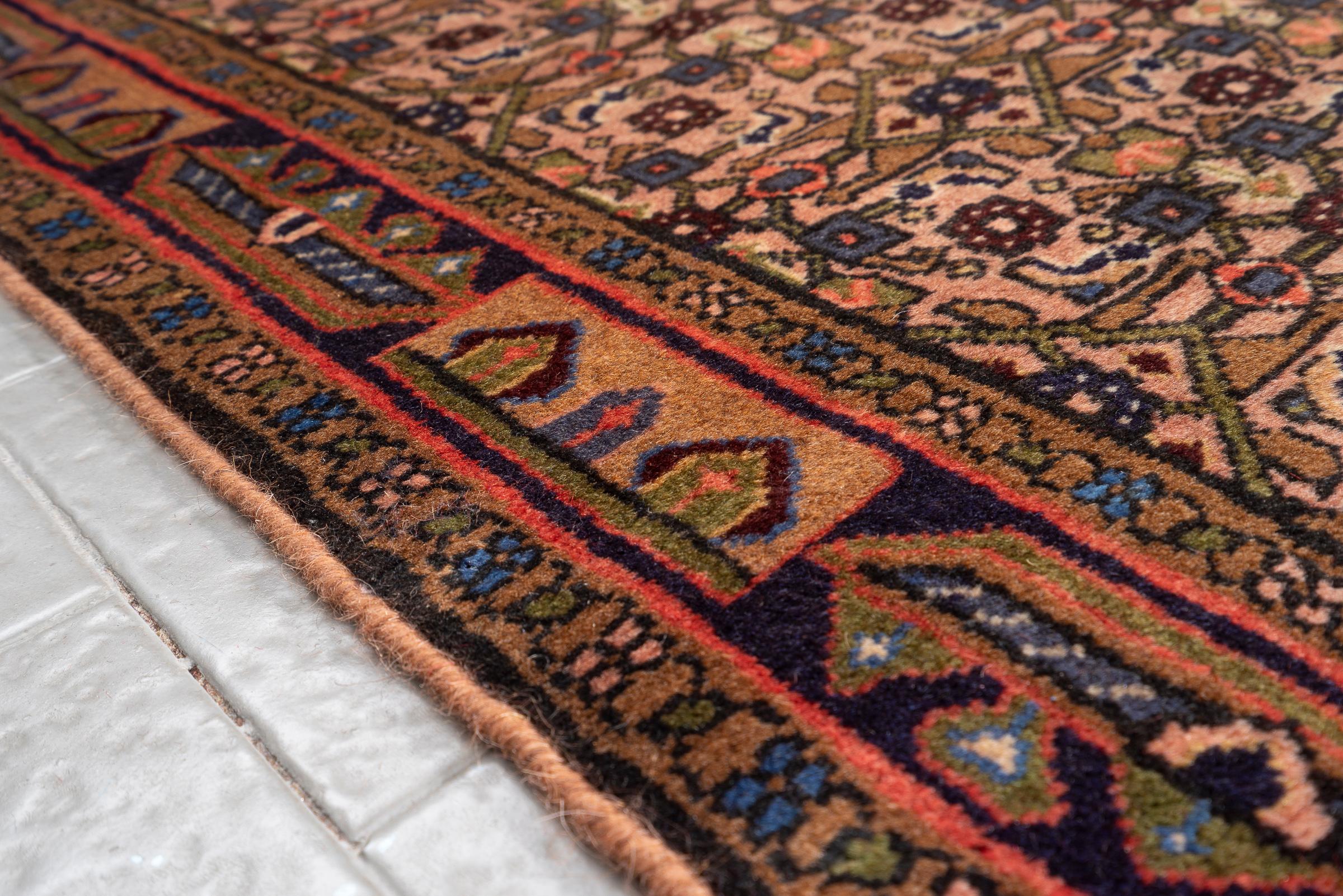 Hossein Abad Mahi Persian Runner Rug, Camel Field, Mid 20th Century