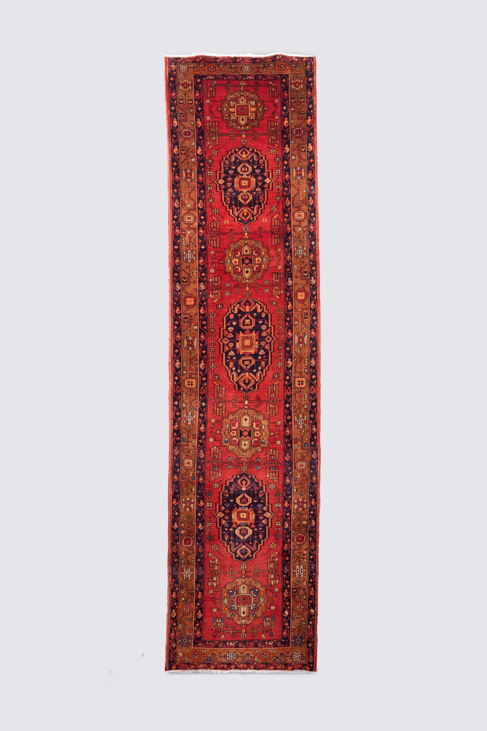 Miane Seven Medallion Persian Runner Rug, Mid 20th Century, 425x107cm
