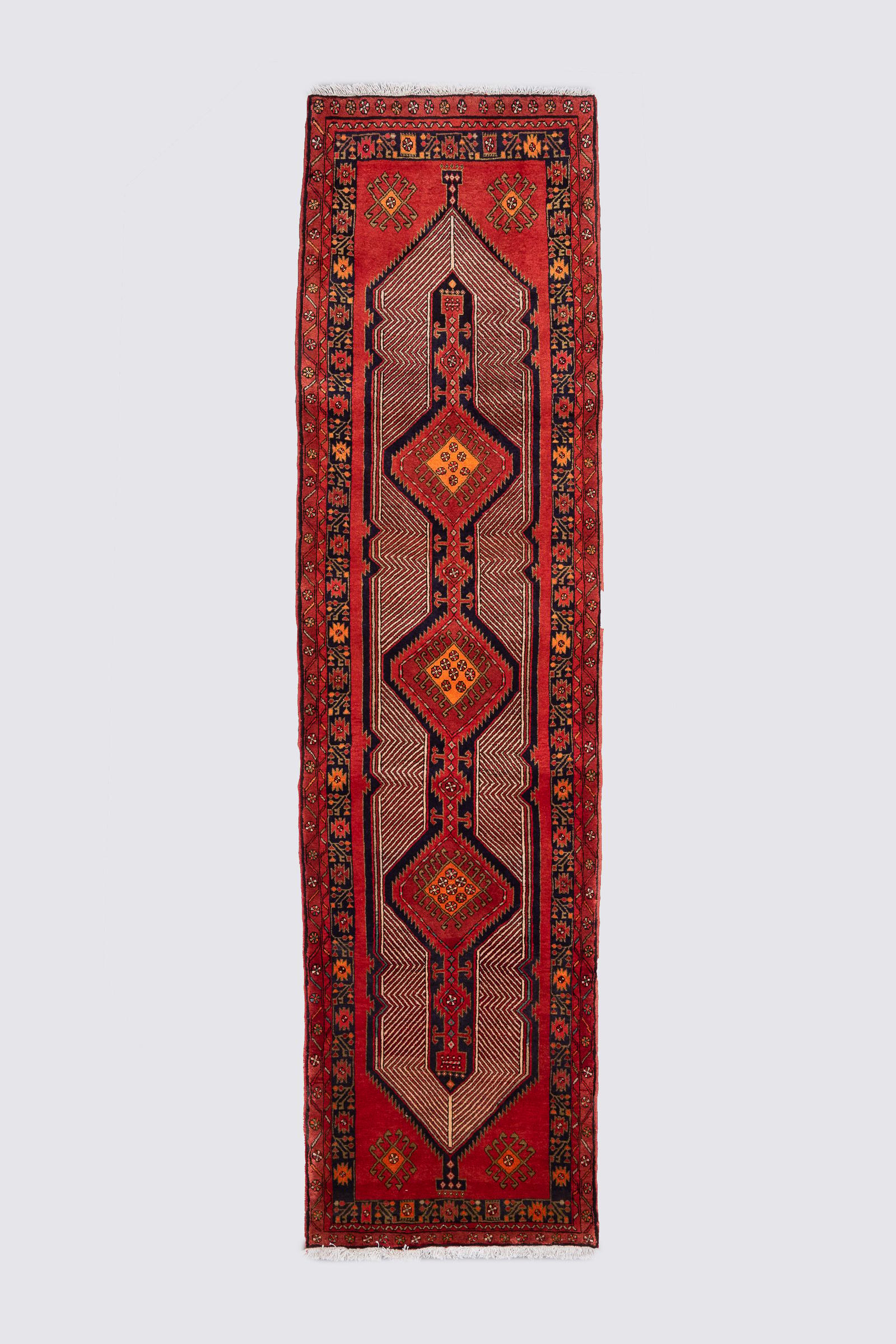Miane Qalami Triple Medallion Persian Runner Rug, Mid 20th Century, 390x105cm