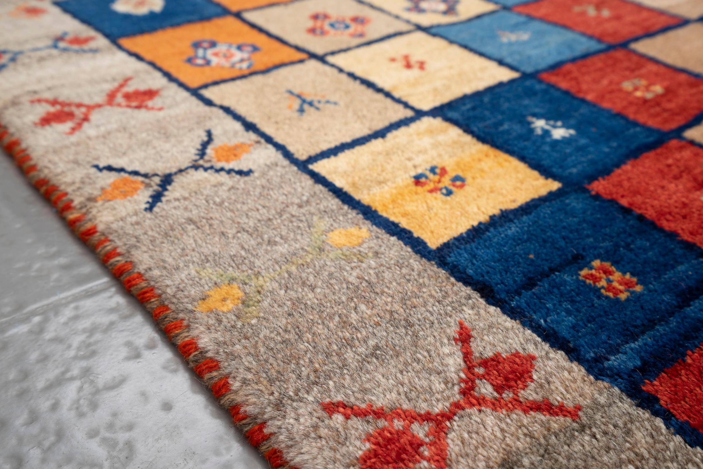Vintage Qashqai Azonir Squares Persian Gabbeh Rug