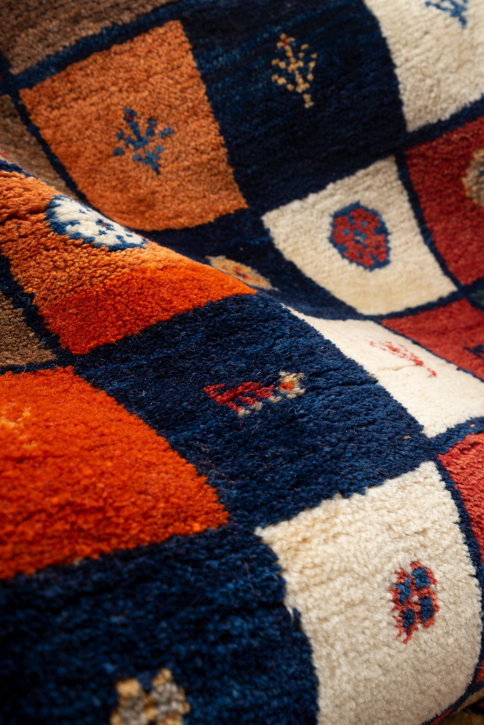 Vintage Qashqai Azonir Squares Persian Gabbeh Rug