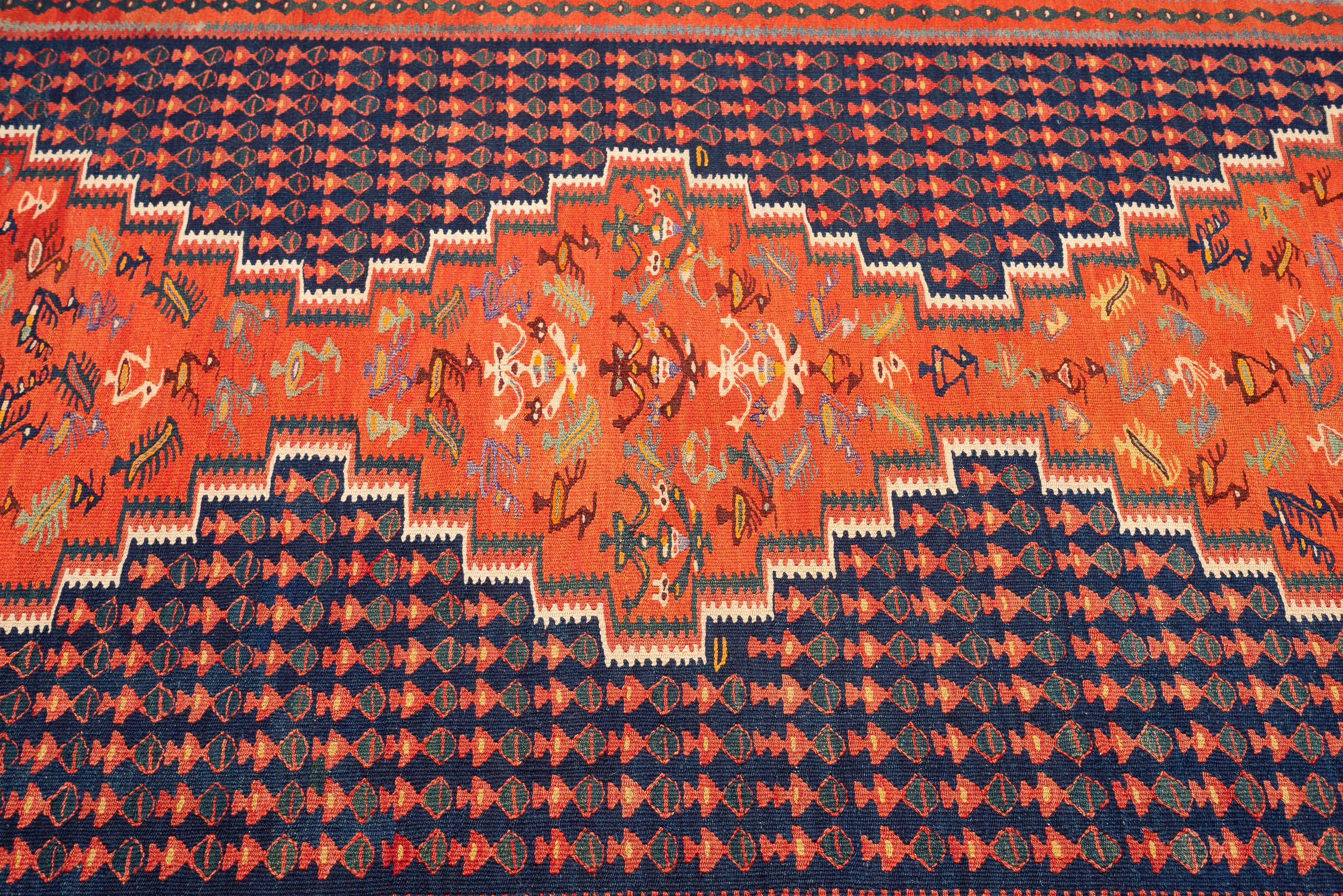 Antique Fine Harsin Scarlett Peacock Persian Kilim Rug