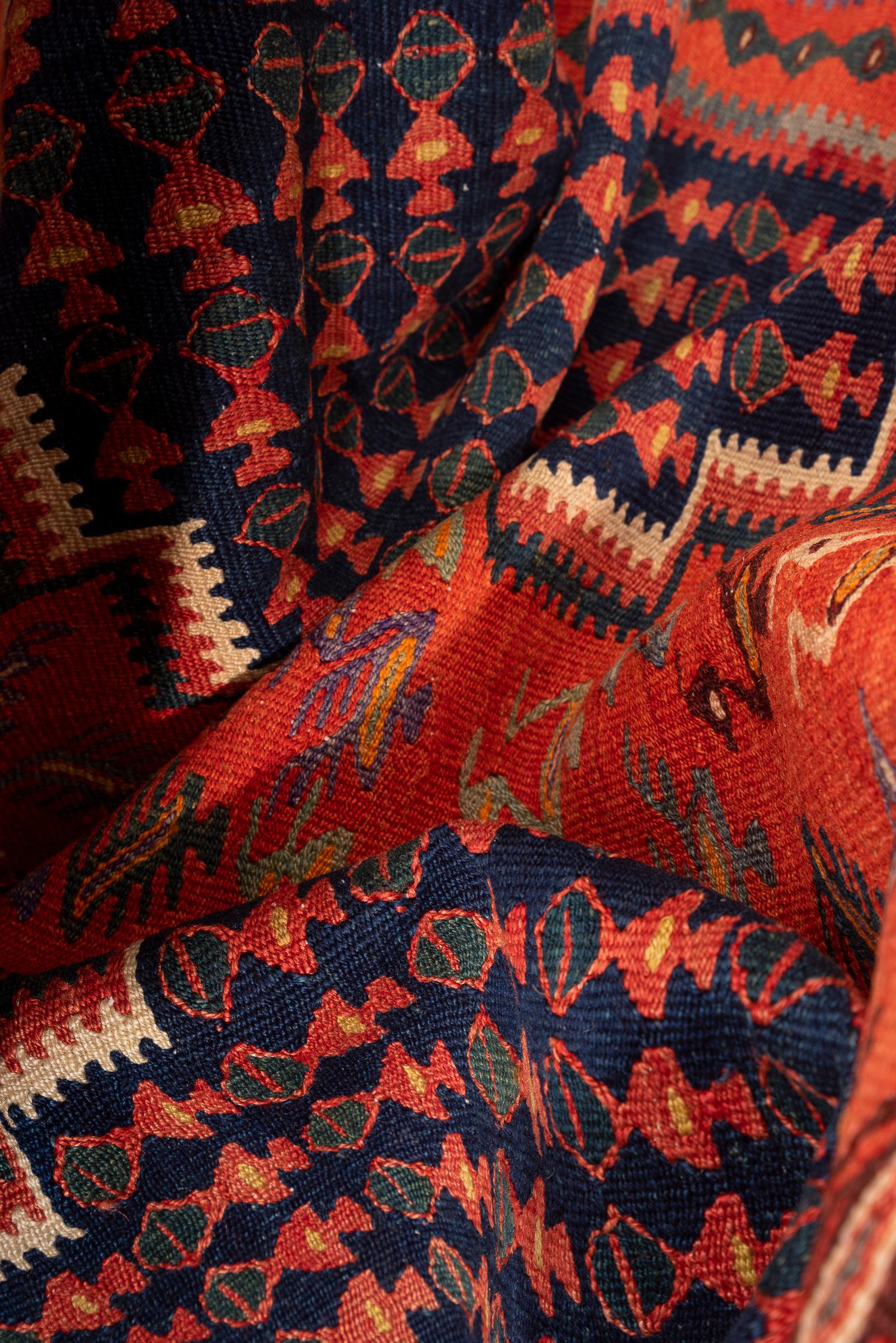 Antique Fine Harsin Scarlett Peacock Persian Kilim Rug