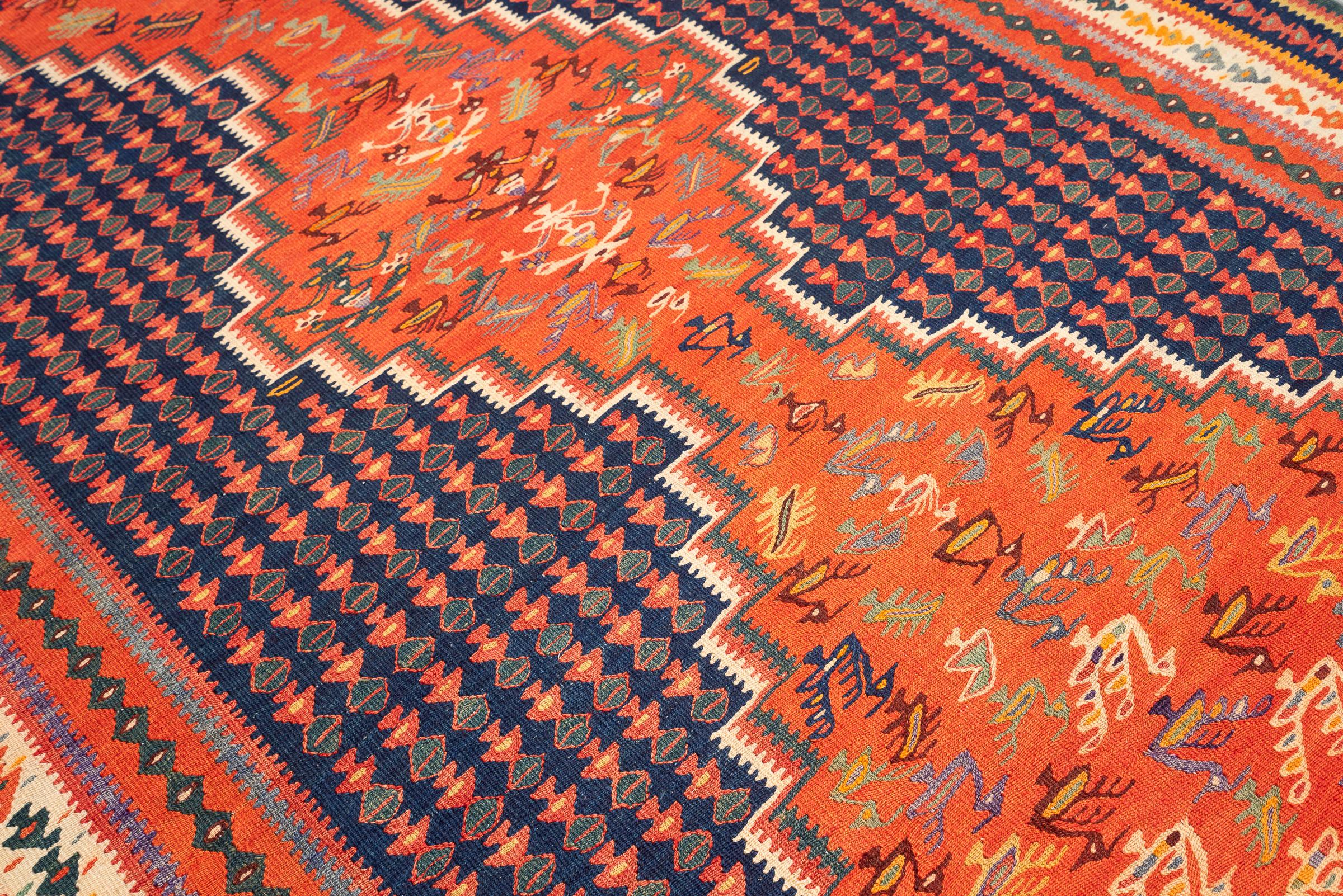 Antique Fine Harsin Scarlett Peacock Persian Kilim Rug