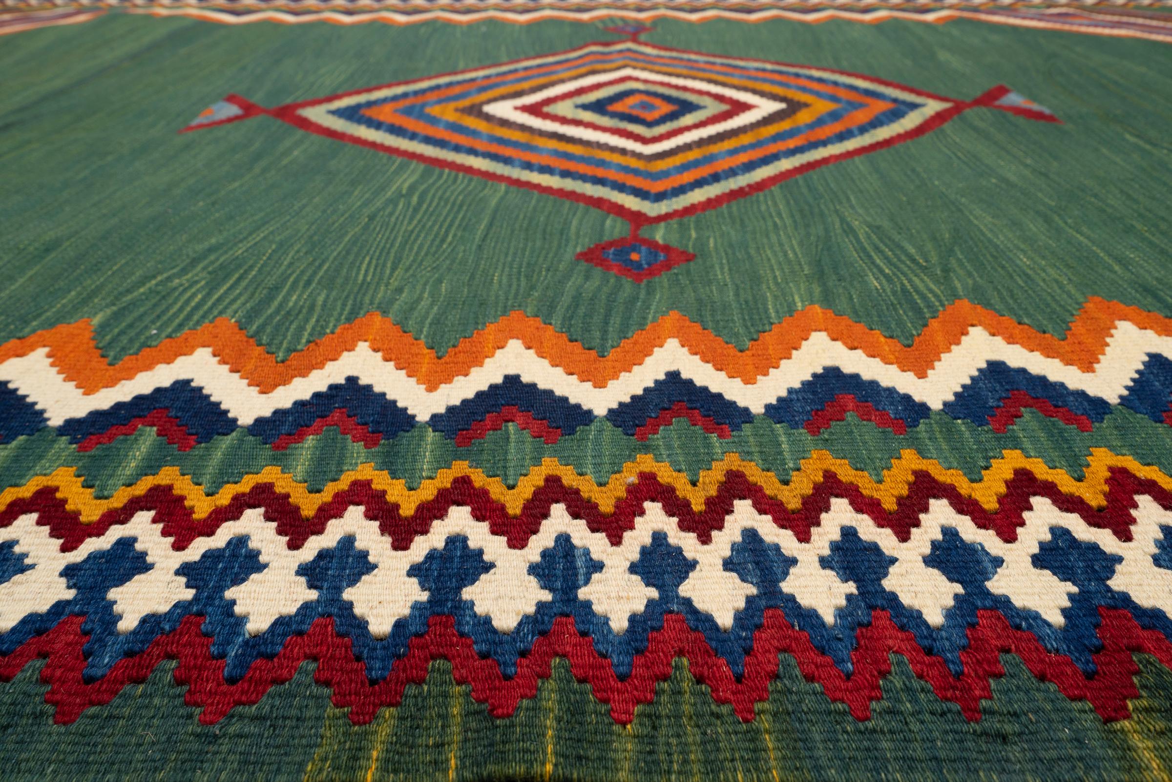 New Weave Fine Qashqai Green Toranj Persian Kilim Rug