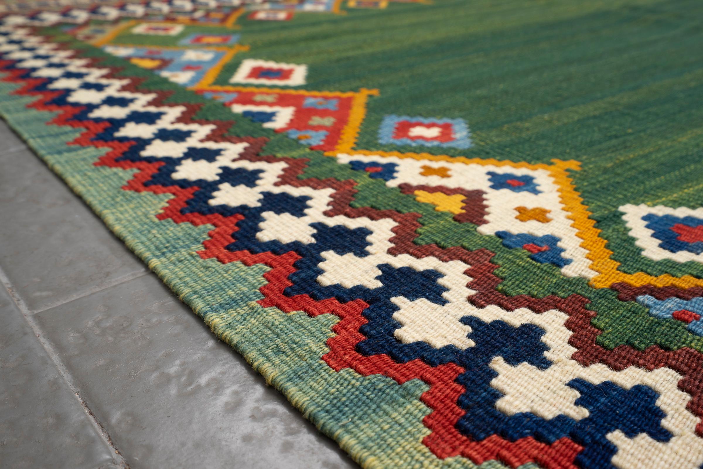 New Weave Fine Qashqai Green Fields Persian Kilim Rug